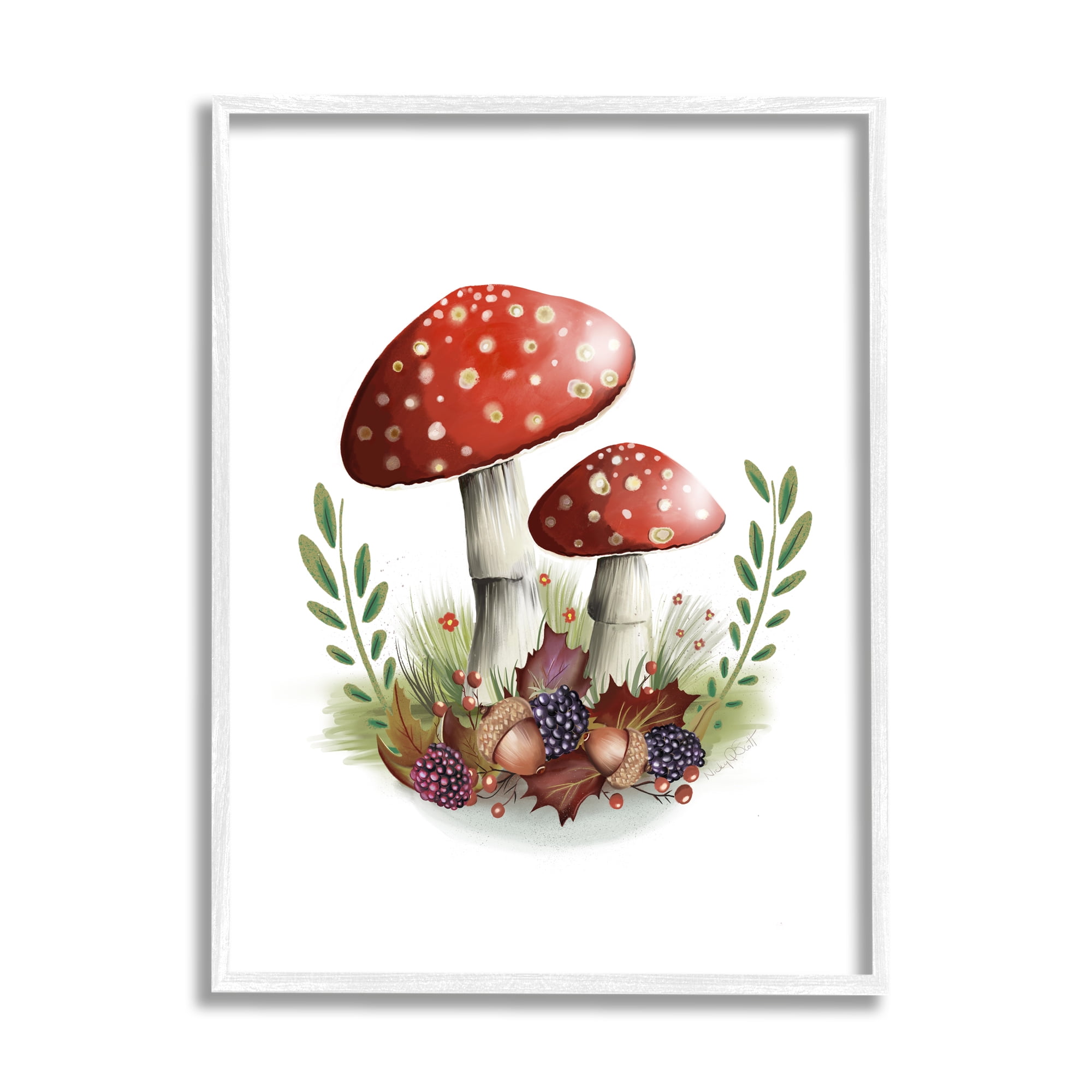 Stupell Industries Red Mushrooms & Acorns Botanical & Floral Painting White Framed Art Print Wall Art, 11 x 14