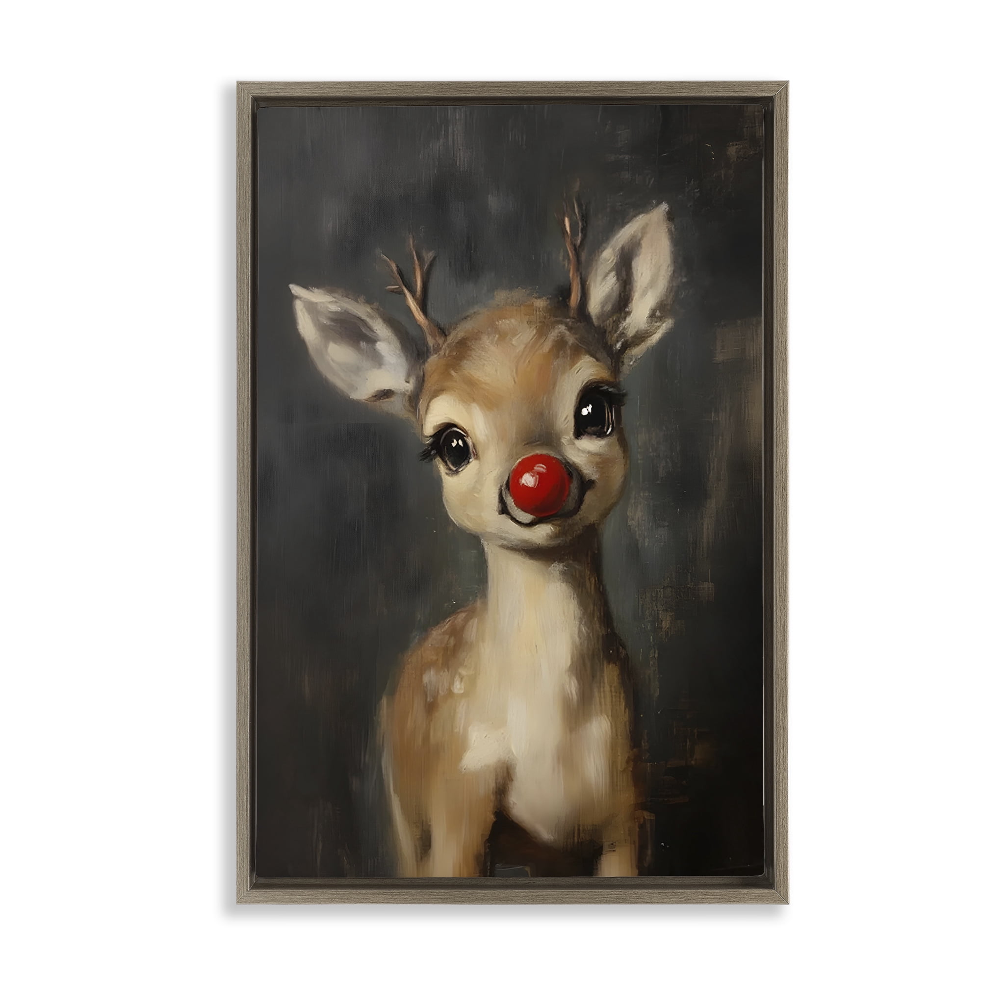 Stupell Industries - Red Nose Baby Reindeer Brown Floating Frame Canvas Art, 21 x 31