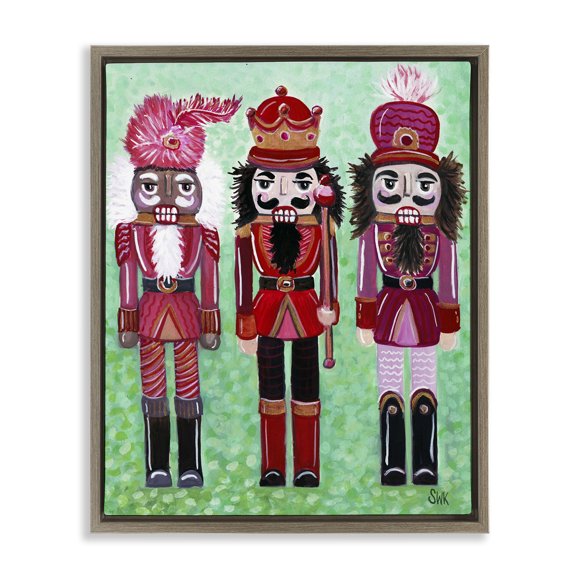 Stupell Industries Red Nutcrackers Trio Holiday Painting Brown Floater Framed Canvas Art Print Wall Art, 25 x 31