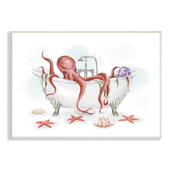 Stupell Industries Red Octopus Nautical Claw Bath Sea Shells, 13 x 19, Designed by Ziwei Li