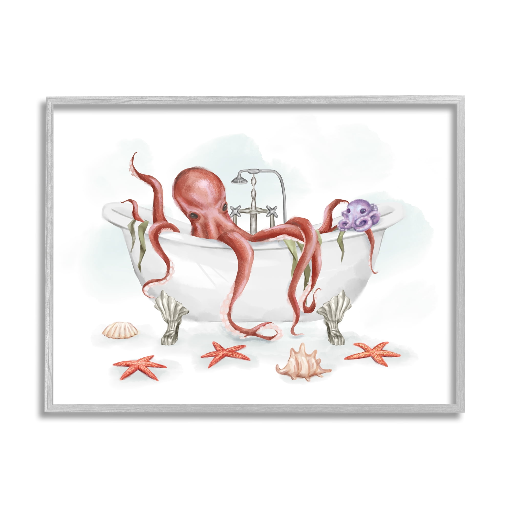 Stupell Industries Red Octopus Nautical Claw Bath Sea Shells Kids Painting Gray Framed Art Print Wall Art, 11 x 14, Design by Ziwei Li