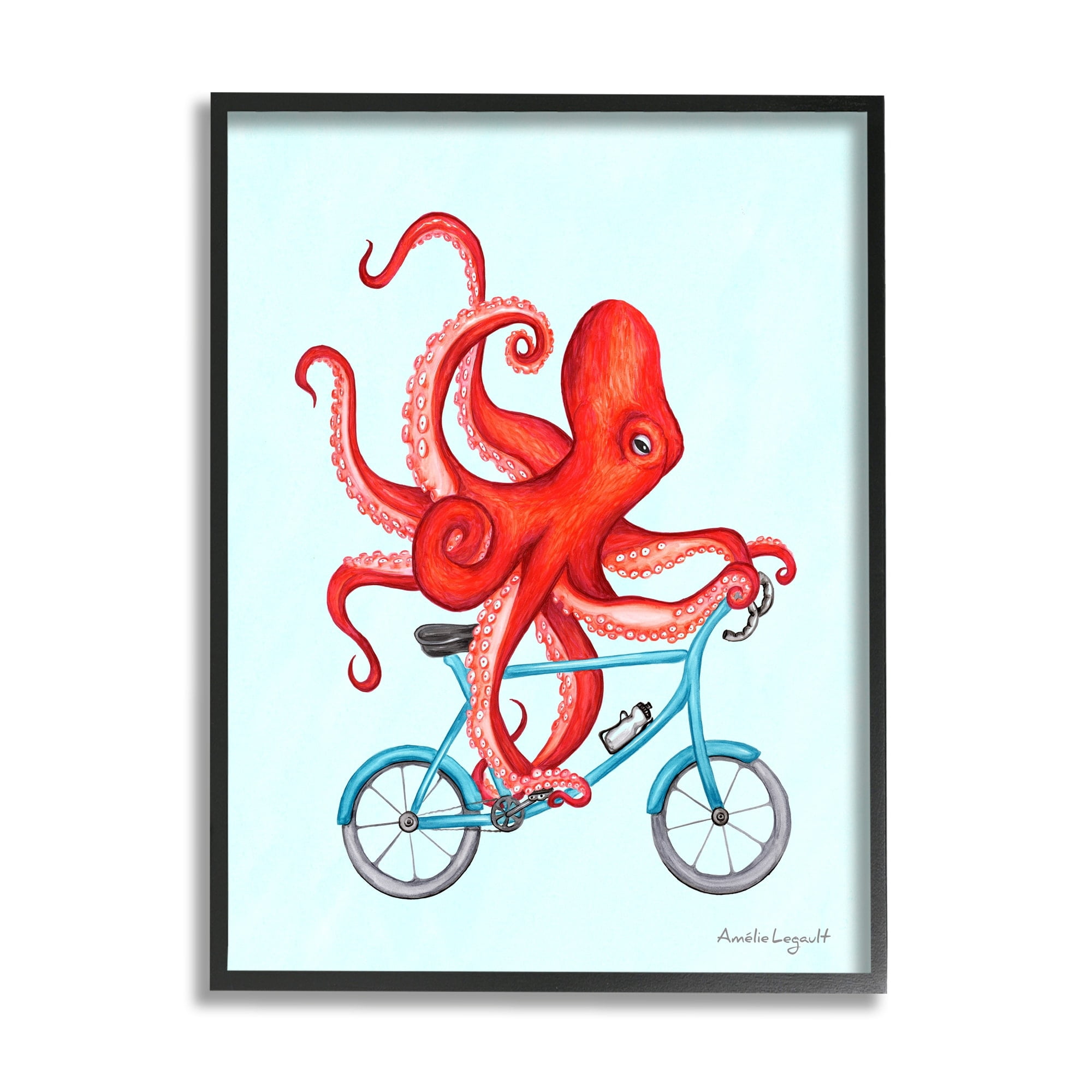 Stupell Industries Red Octopus Tentacles Riding Blue Bike Bicycle Graphic Art Black Framed Art Print Wall Art, Design by Amelie Legault