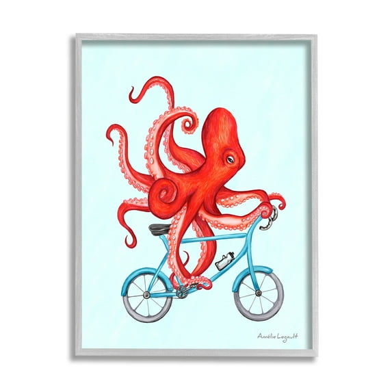 Stupell Industries Red Octopus Tentacles Riding Blue Bike Bicycle Graphic Art Gray Framed Art Print Wall Art, Design by Amelie Legault