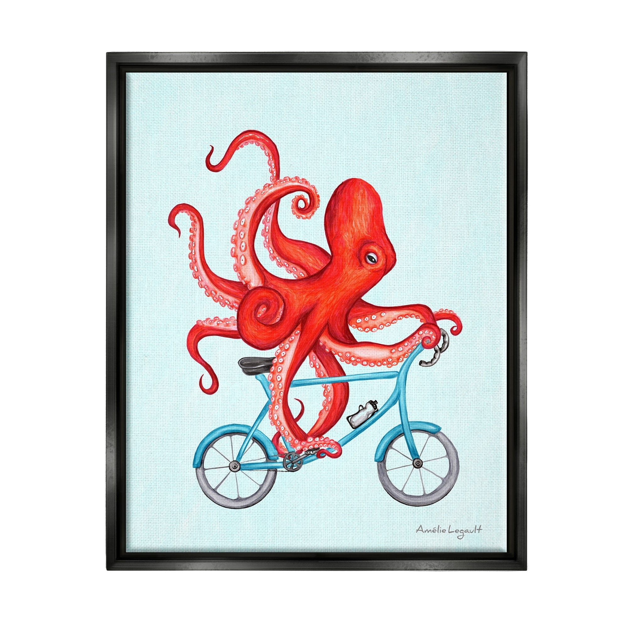 Stupell Industries Red Octopus Tentacles Riding Blue Bike Bicycle Graphic Art Jet Black Floating Framed Canvas Print Wall Art, Design by Amelie Legault