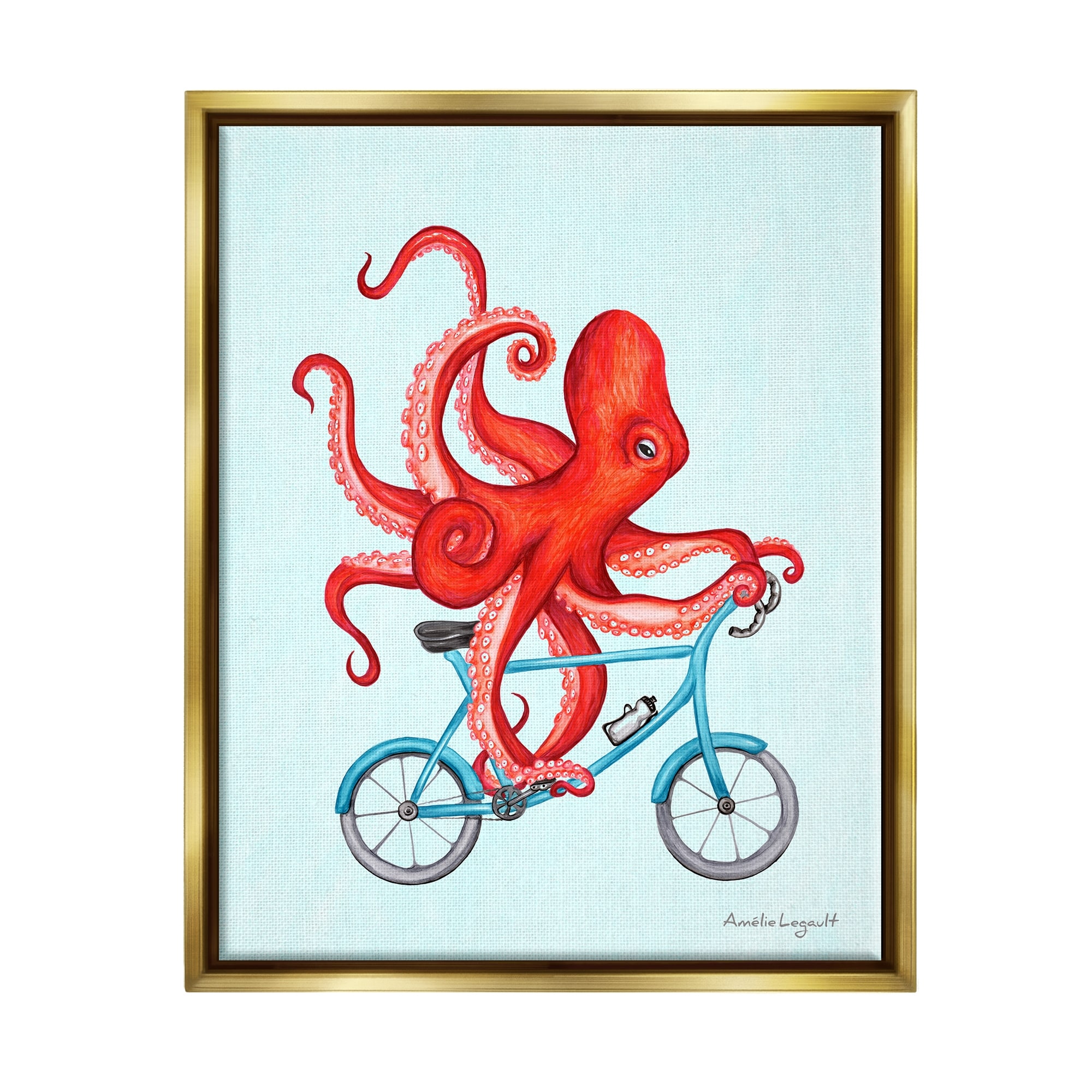 Stupell Industries Red Octopus Tentacles Riding Blue Bike Bicycle Graphic Art Metallic Gold Floating Framed Canvas Print Wall Art, Design by Amelie Legault