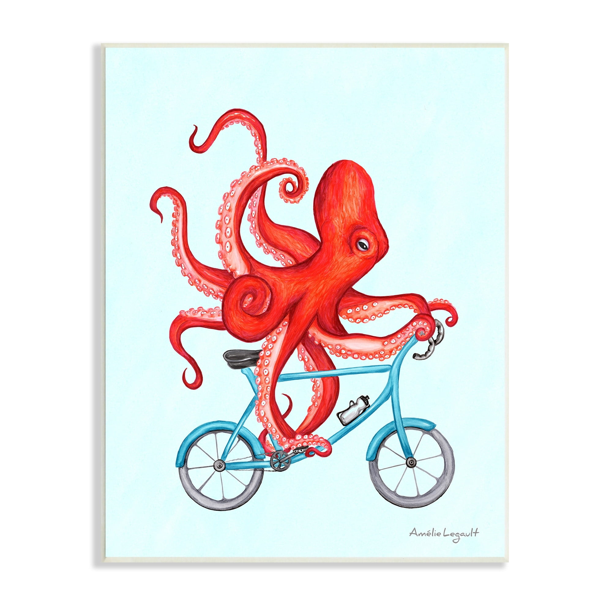 Stupell Industries Red Octopus Tentacles Riding Blue Bike Bicycle Graphic Art Unframed Art Print Wall Art, Design by Amelie Legault