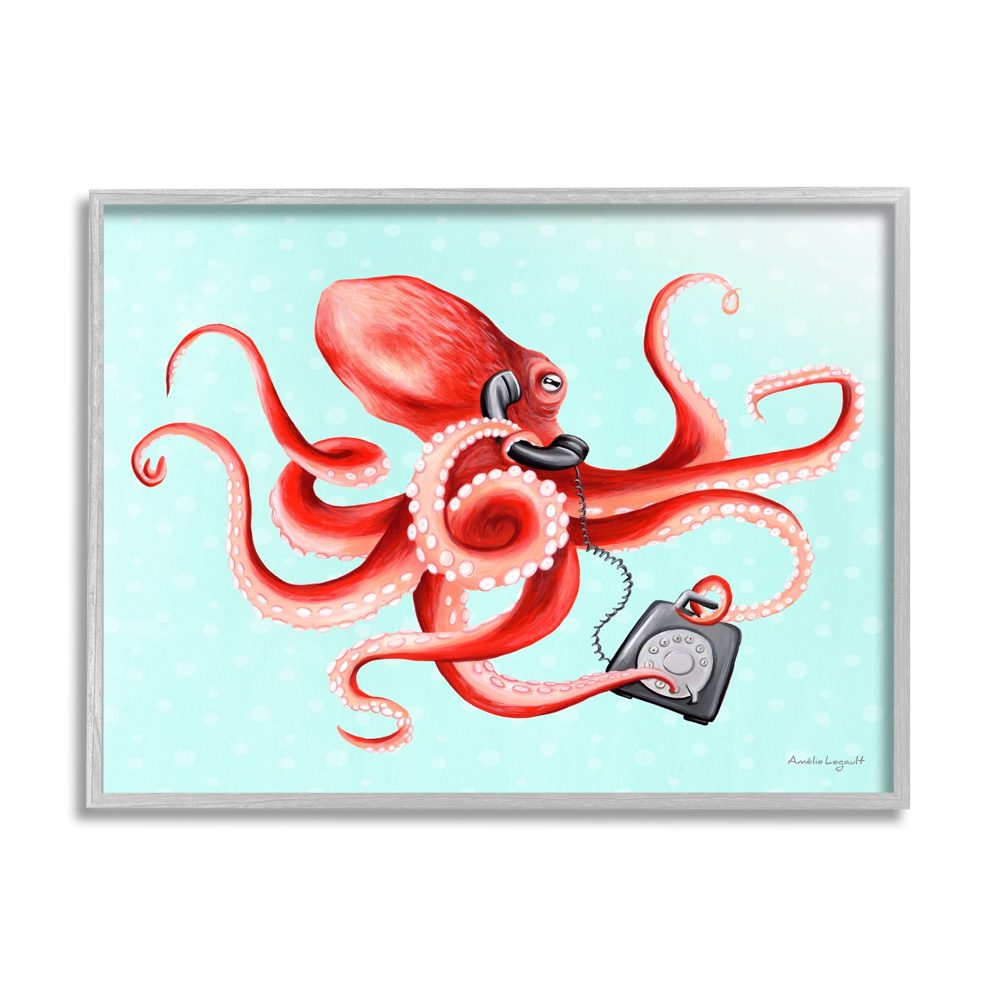 Stupell Industries Red Ombre Octopus Tentacles Retro Rotary Phone Graphic Art Gray Framed Art Print Wall Art, Design by Amelie Legault