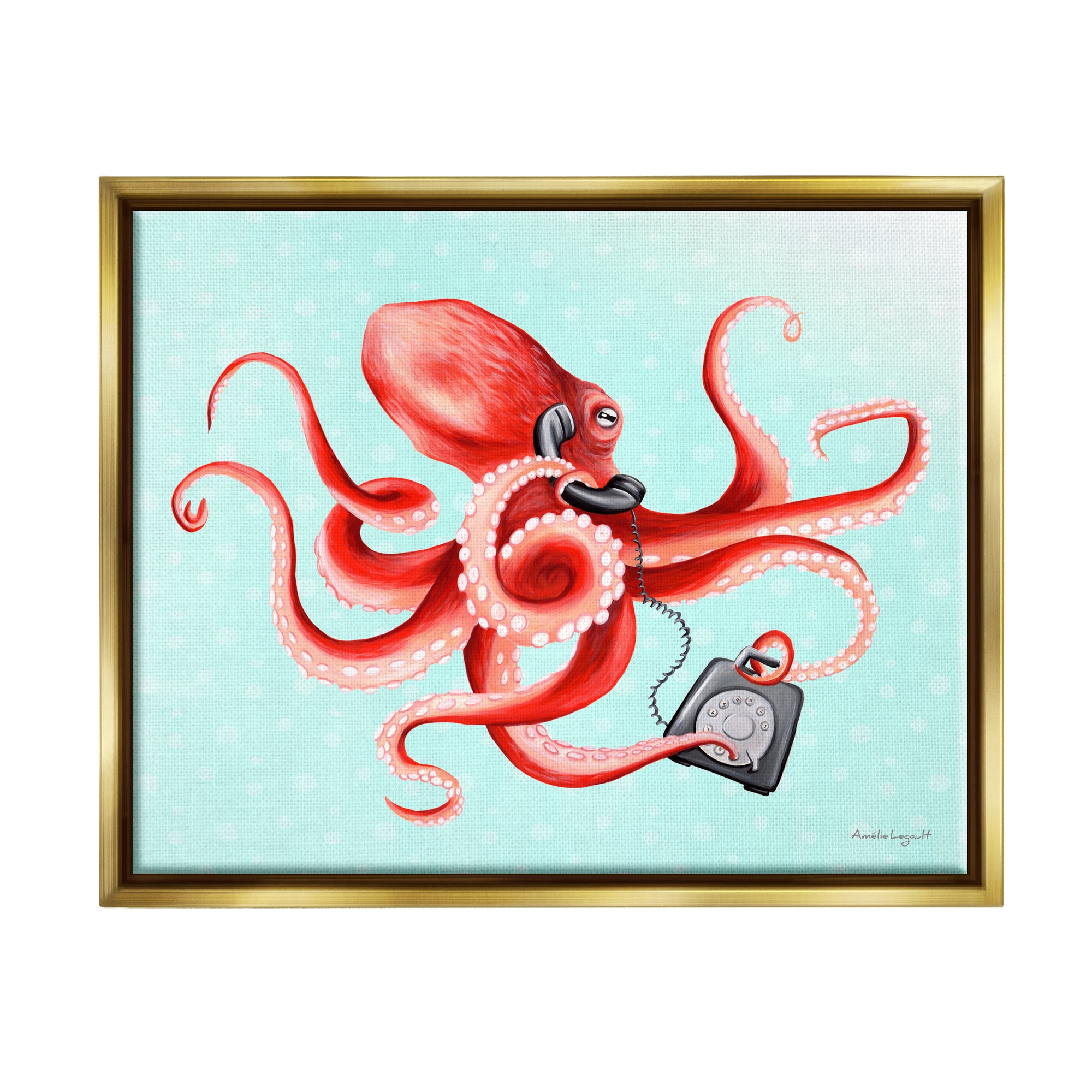 Stupell Industries Red Ombre Octopus Tentacles Retro Rotary Phone Graphic Art Metallic Gold Floating Framed Canvas Print Wall Art, Design by Amelie Legault