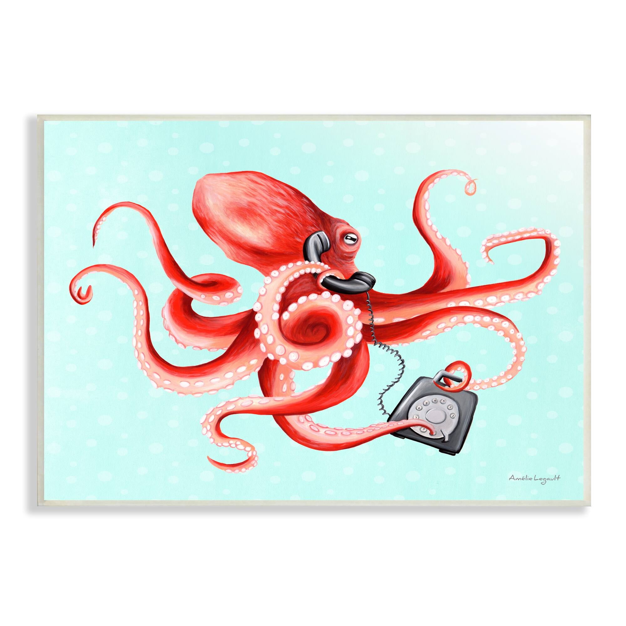 Stupell Industries Red Ombre Octopus Tentacles Retro Rotary Phone Graphic Art Unframed Art Print Wall Art, Design by Amelie Legault