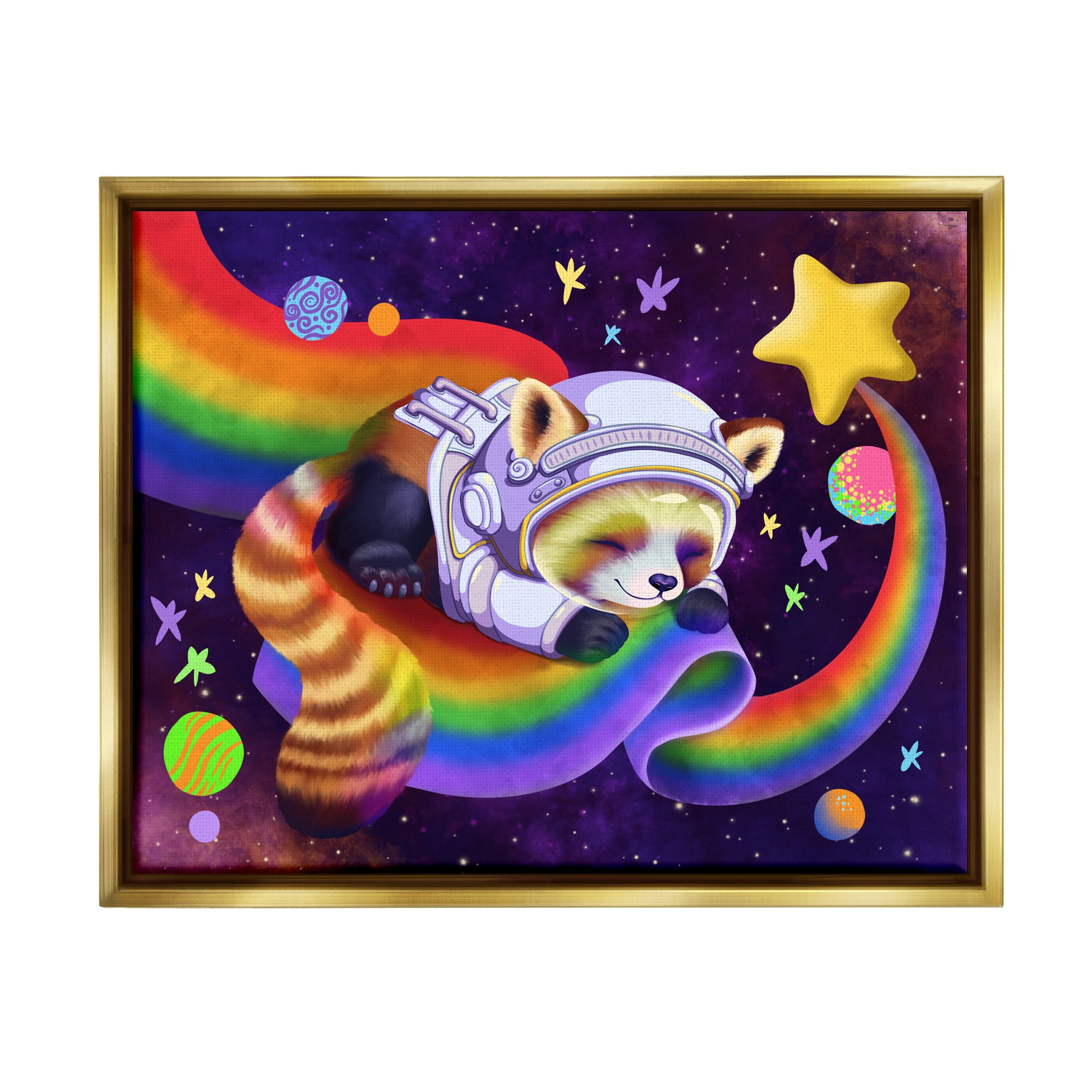 Stupell Industries Red Panda Rainbow Animals & Insects Painting Gold Floater Framed Canvas Art Print Wall Art, 21 x 17