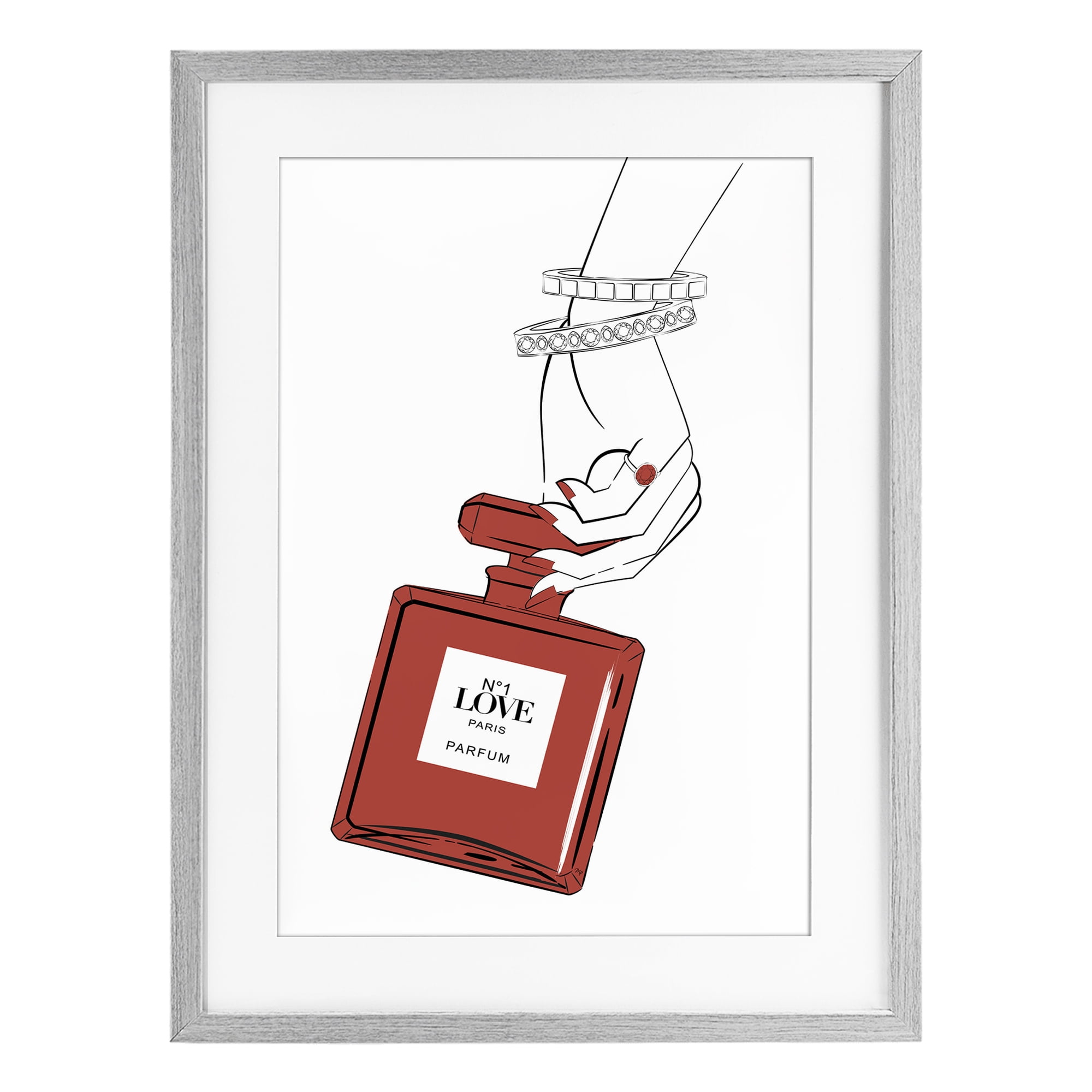 Stupell Industries Red Perfume In Hand Gray Framed Print Under Glass, design by Martina Pavlova