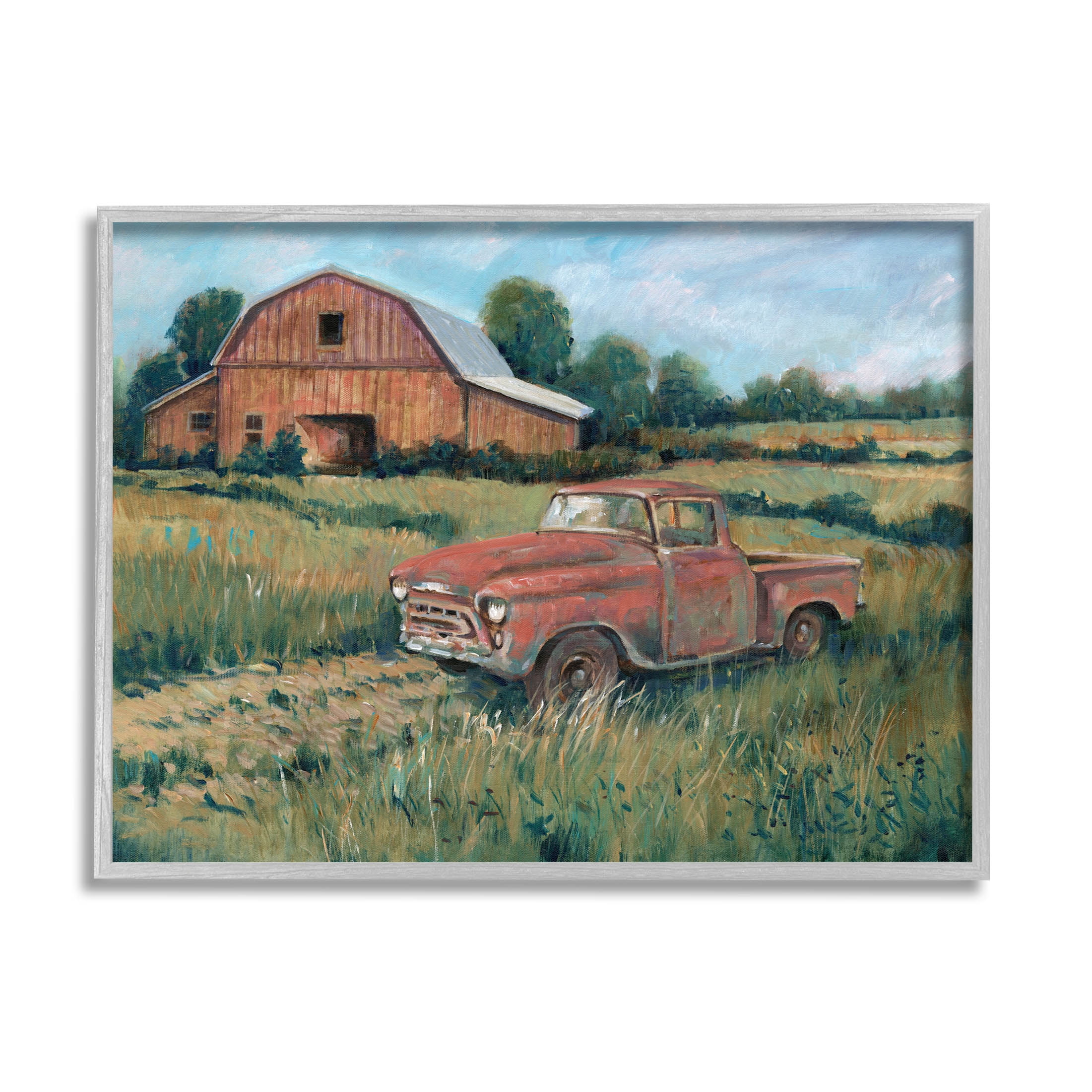 Stupell Industries Red Pickup Truck Rural Barn Farmland Painting Gray Framed Art Print Wall Art, Design by Tim OToole