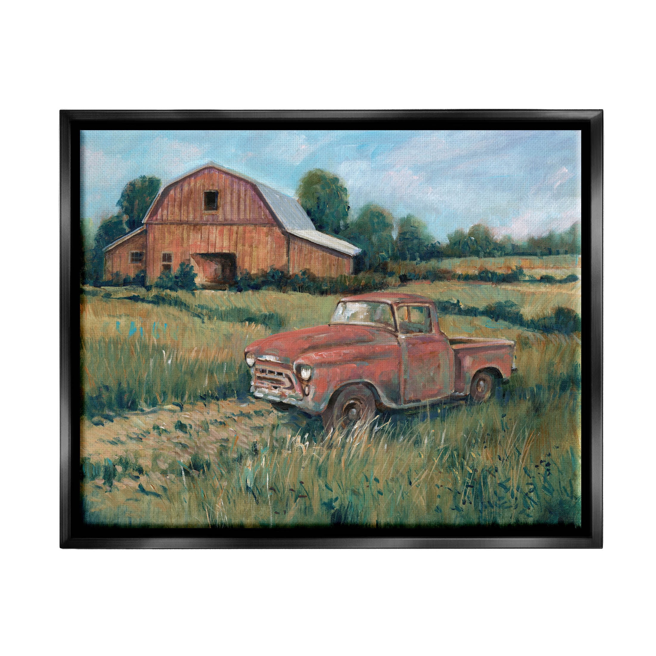 Stupell Industries Red Pickup Truck Rural Barn Farmland Painting Jet Black Floating Framed Canvas Print Wall Art, Design by Tim OToole
