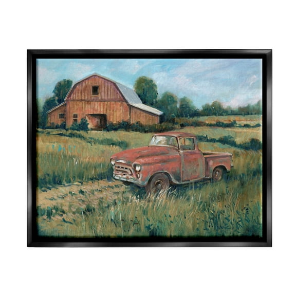 Stupell Industries Red Pickup Truck Rural Barn Farmland Painting Jet Black Floating Framed Canvas Print Wall Art, Design by Tim OToole