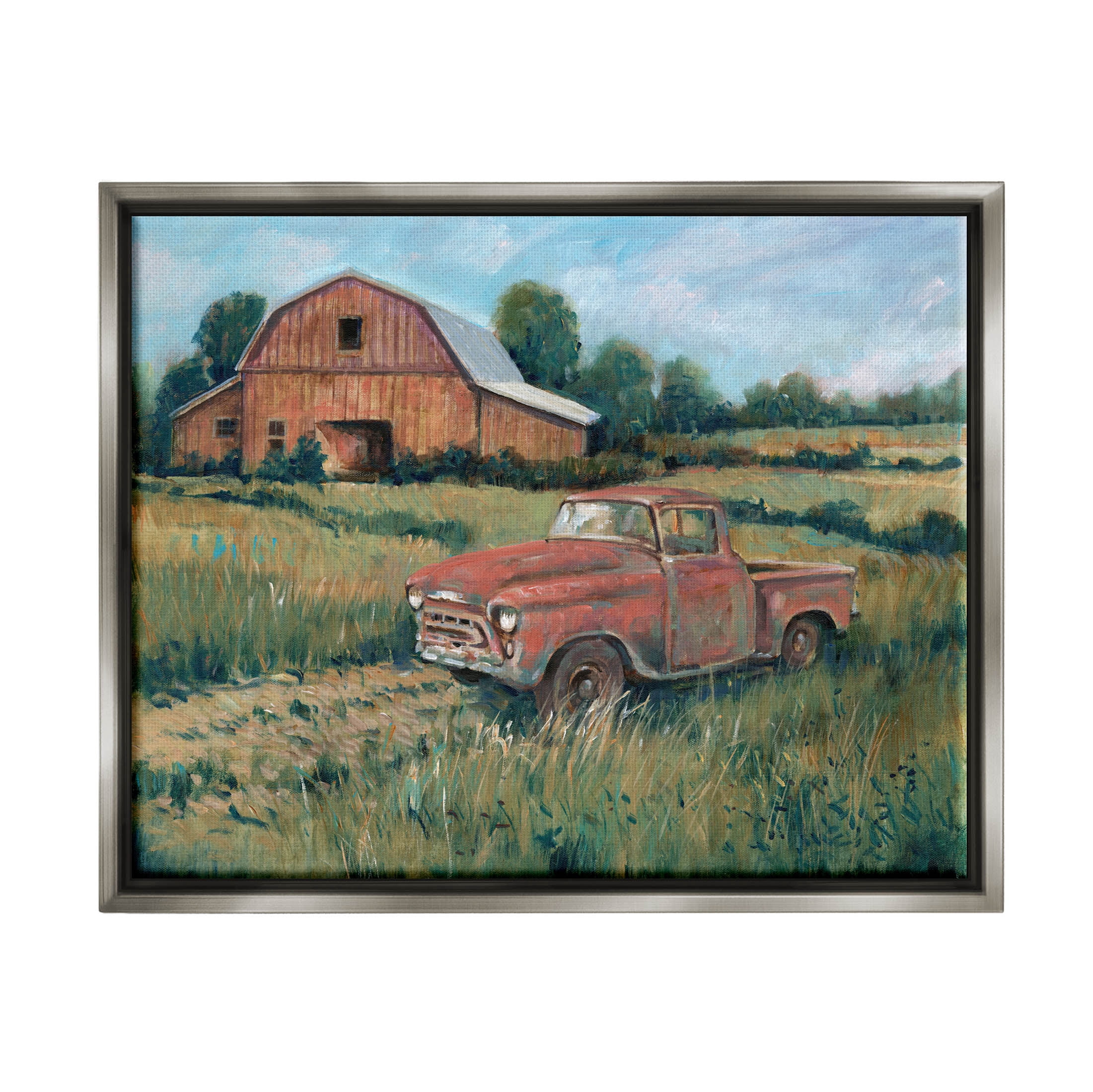 Stupell Industries Red Pickup Truck Rural Barn Farmland Painting Luster Gray Floating Framed Canvas Print Wall Art, Design by Tim OToole