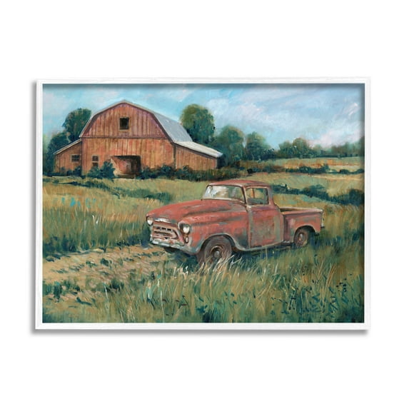 Stupell Industries Red Pickup Truck Rural Barn Farmland Painting White Framed Art Print Wall Art, Design by Tim OToole