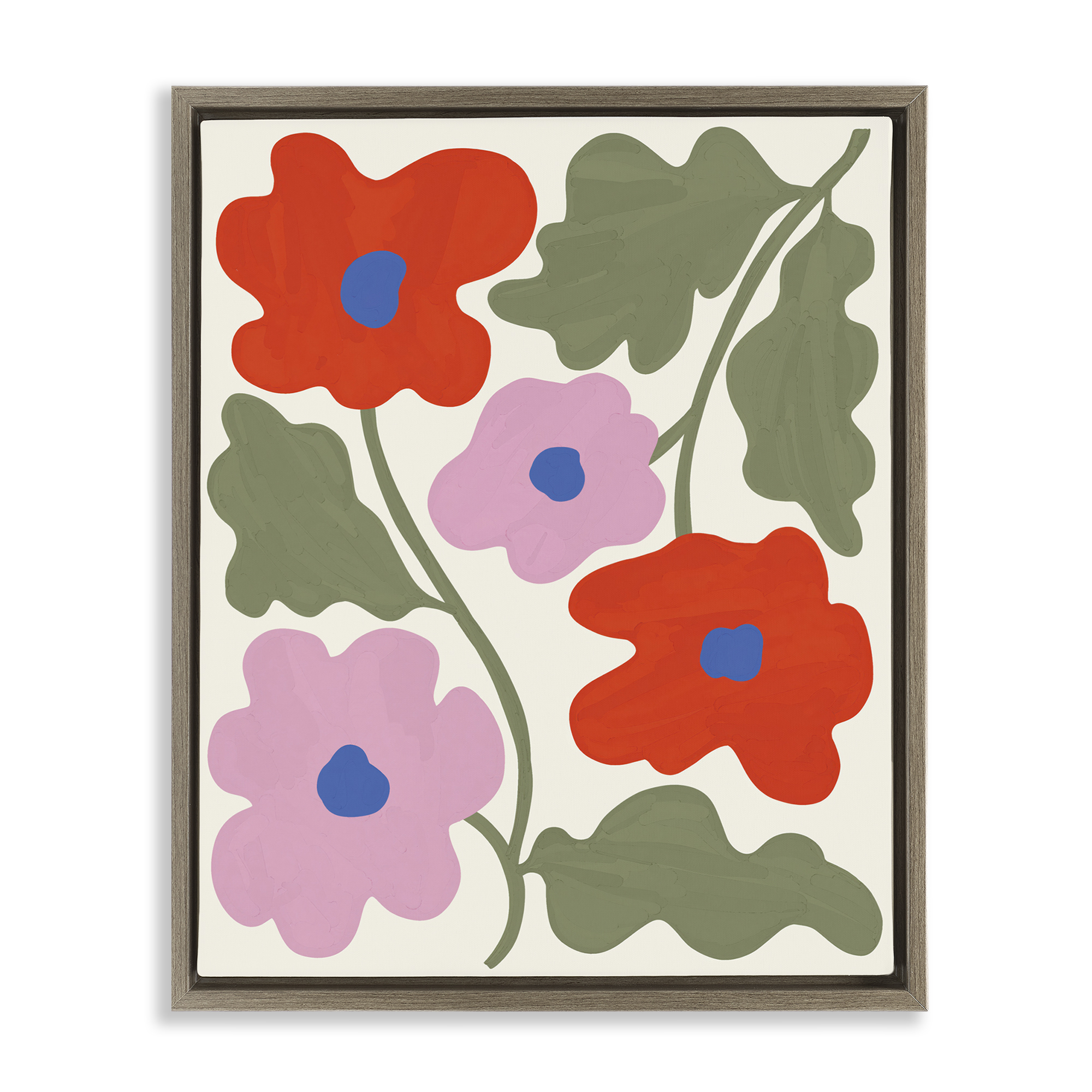 Stupell Industries Red & Pink Bold Flowers Plants & Flowers Painting Brown Floater Framed Canvas Art Print Wall Art, 25 x 31
