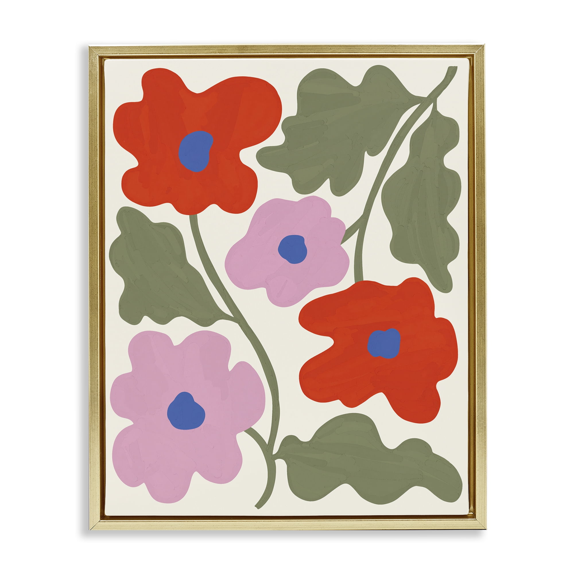 Stupell Industries Red & Pink Bold Flowers Plants & Flowers Painting Gold Floater Framed Canvas Art Print Wall Art, 17 x 21