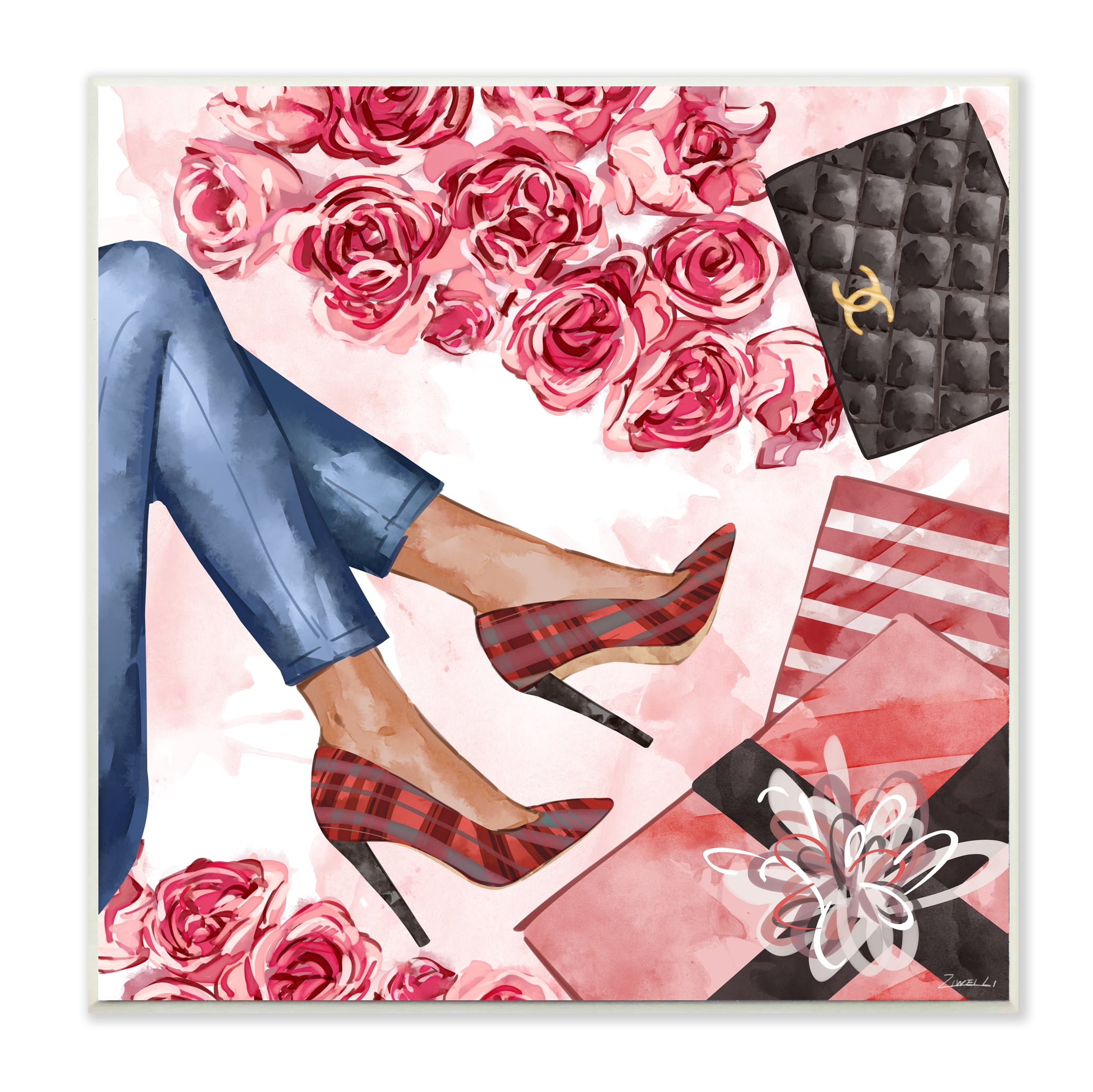 Stupell Industries Red Plaid Heels Pink Florals Wrapped Presents Wall Plaque, 12 x 12, Design by Ziwei Li