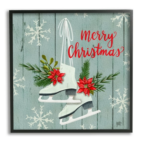 Stupell Industries Red Poinsettia Ice Skating Shoes Merry Christmas Sentiment Inspirational Painting Black Framed Art Print Wall Art, 12 x 12
