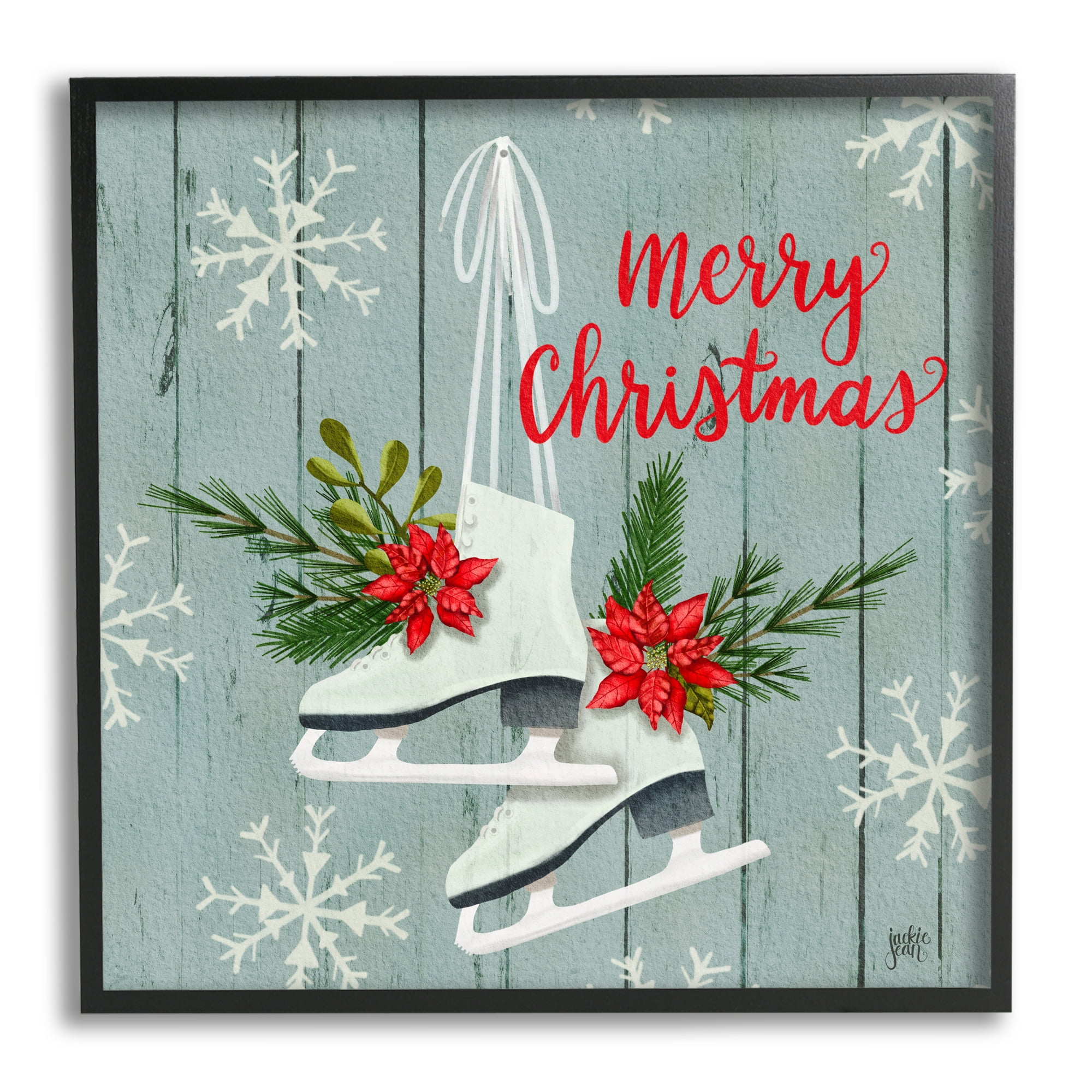 Stupell Industries Red Poinsettia Ice Skating Shoes Merry Christmas Sentiment Inspirational Painting Black Framed Art Print Wall Art, 24 x 24