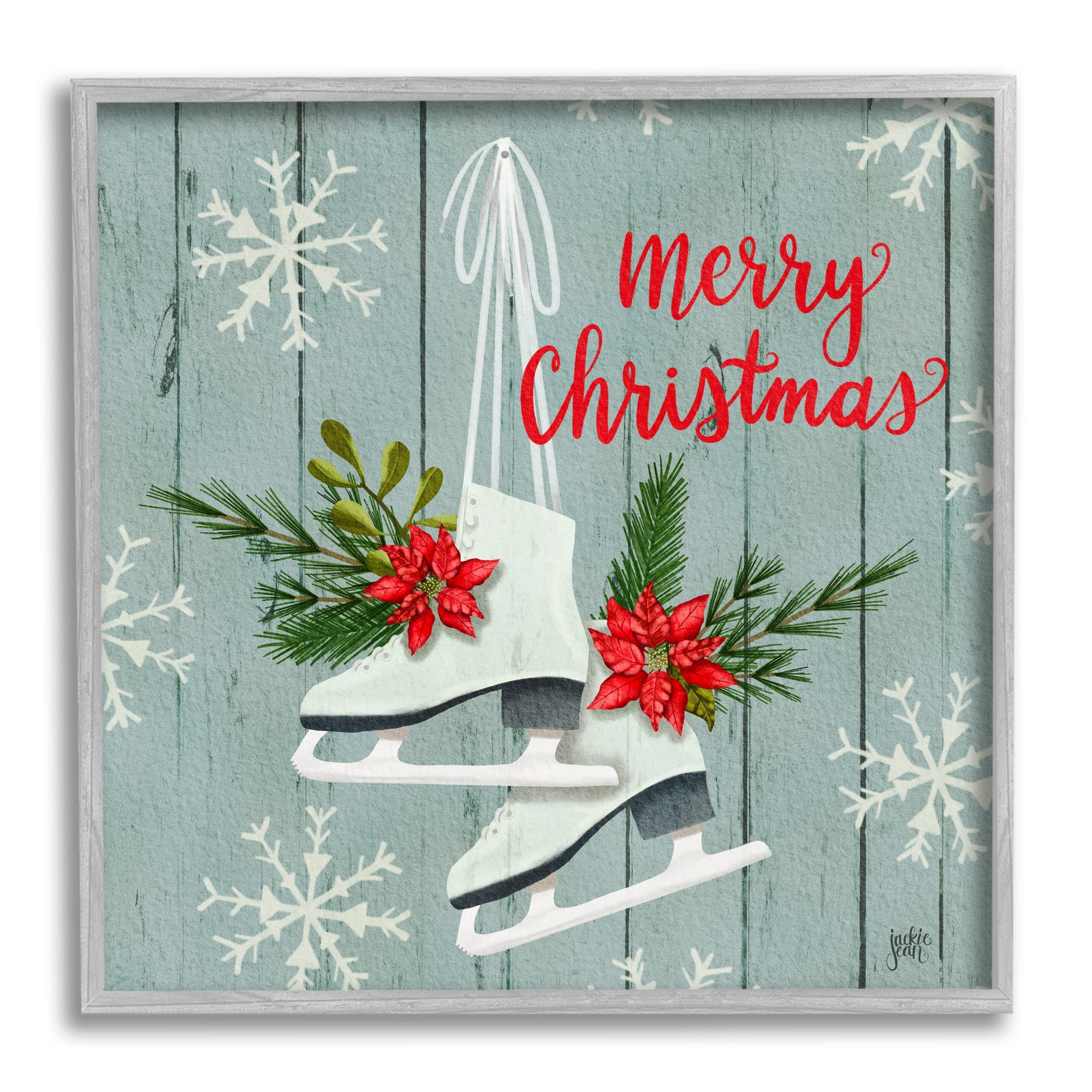 Stupell Industries Red Poinsettia Ice Skating Shoes Merry Christmas Sentiment Inspirational Painting Gray Framed Art Print Wall Art, 24 x 24