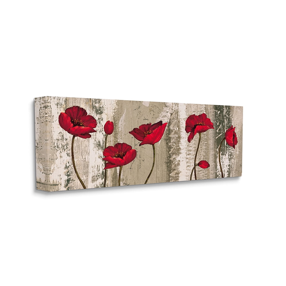Red Poppies Blooming Rustic Canvas Wall Art 10 x 24