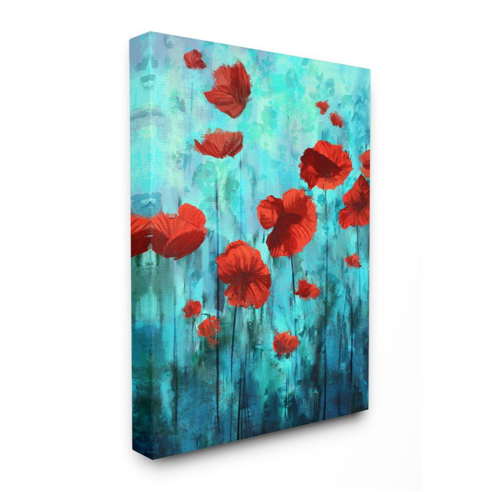 Vibrant Red Poppies on Blue Canvas Wall Art for Kids Nursery