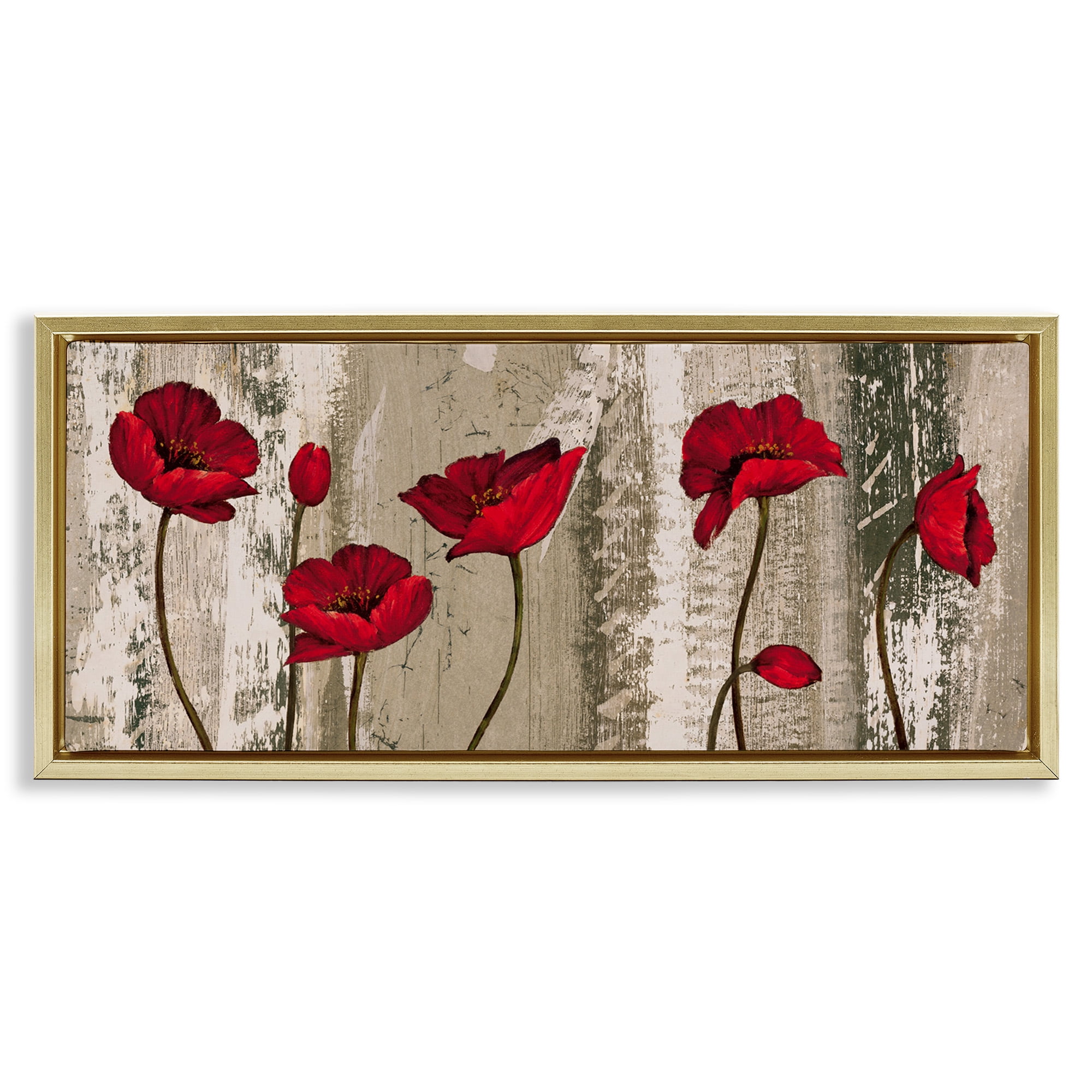 Stupell Industries Red Poppies Rustic Pattern Botanical & Floral Painting Gold Floater Framed Canvas Art Print Wall Art, 25 x 11