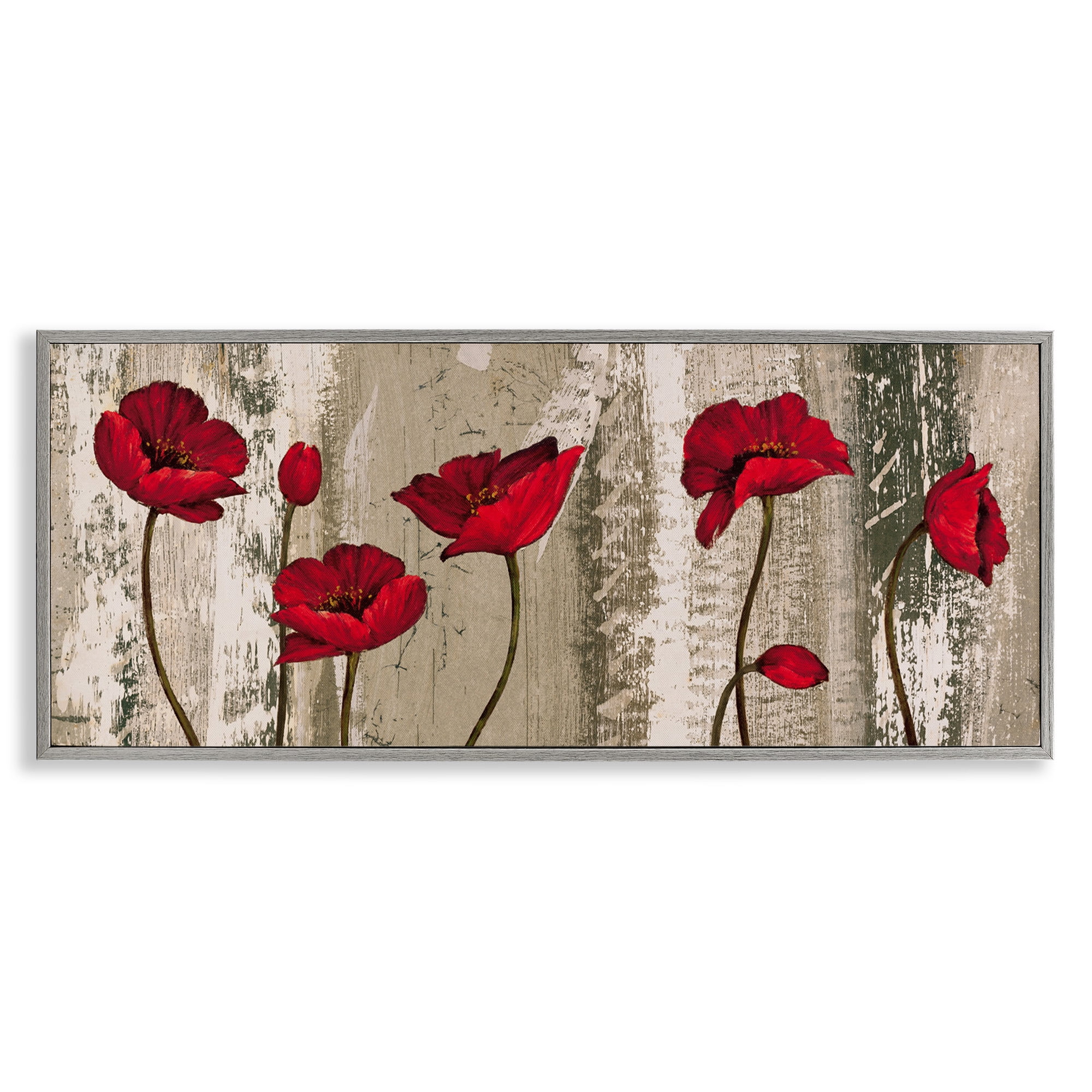 Stupell Industries Red Poppies Rustic Pattern Botanical & Floral Painting Gray Framed Art Print Wall Art, 24 x 10