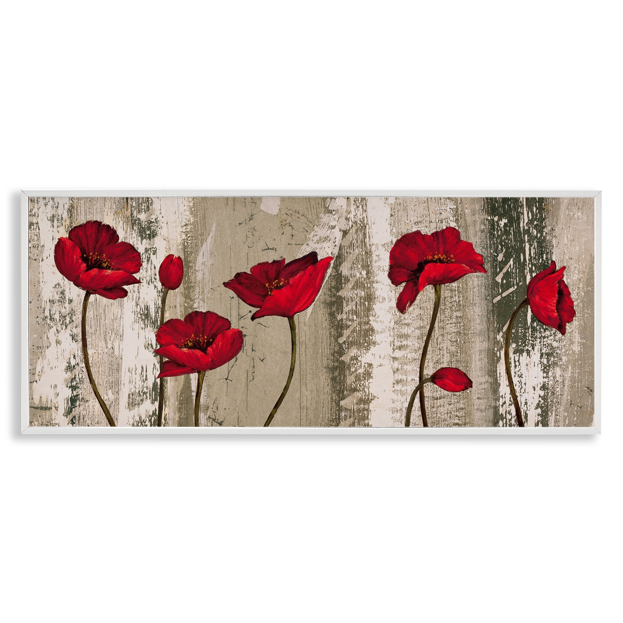 Stupell Industries Red Poppies Rustic Pattern Botanical & Floral Painting White Framed Art Print Wall Art, 24 x 10