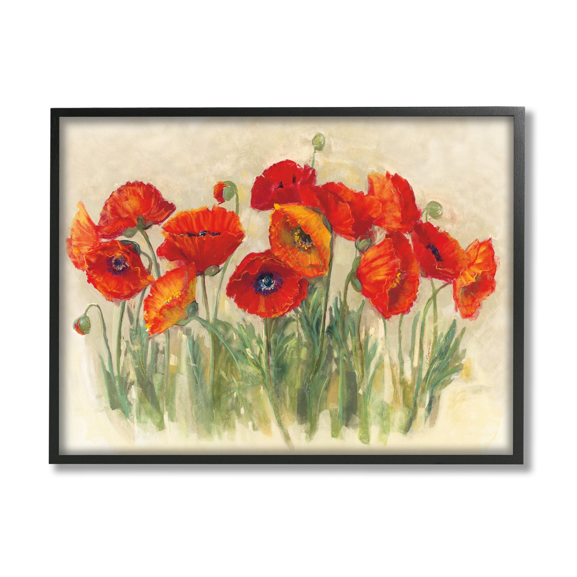 Stupell Industries Red Poppy Florals Soft Green Meadow Grass Black Framed, 11 x 14, Design by Carol Rowan