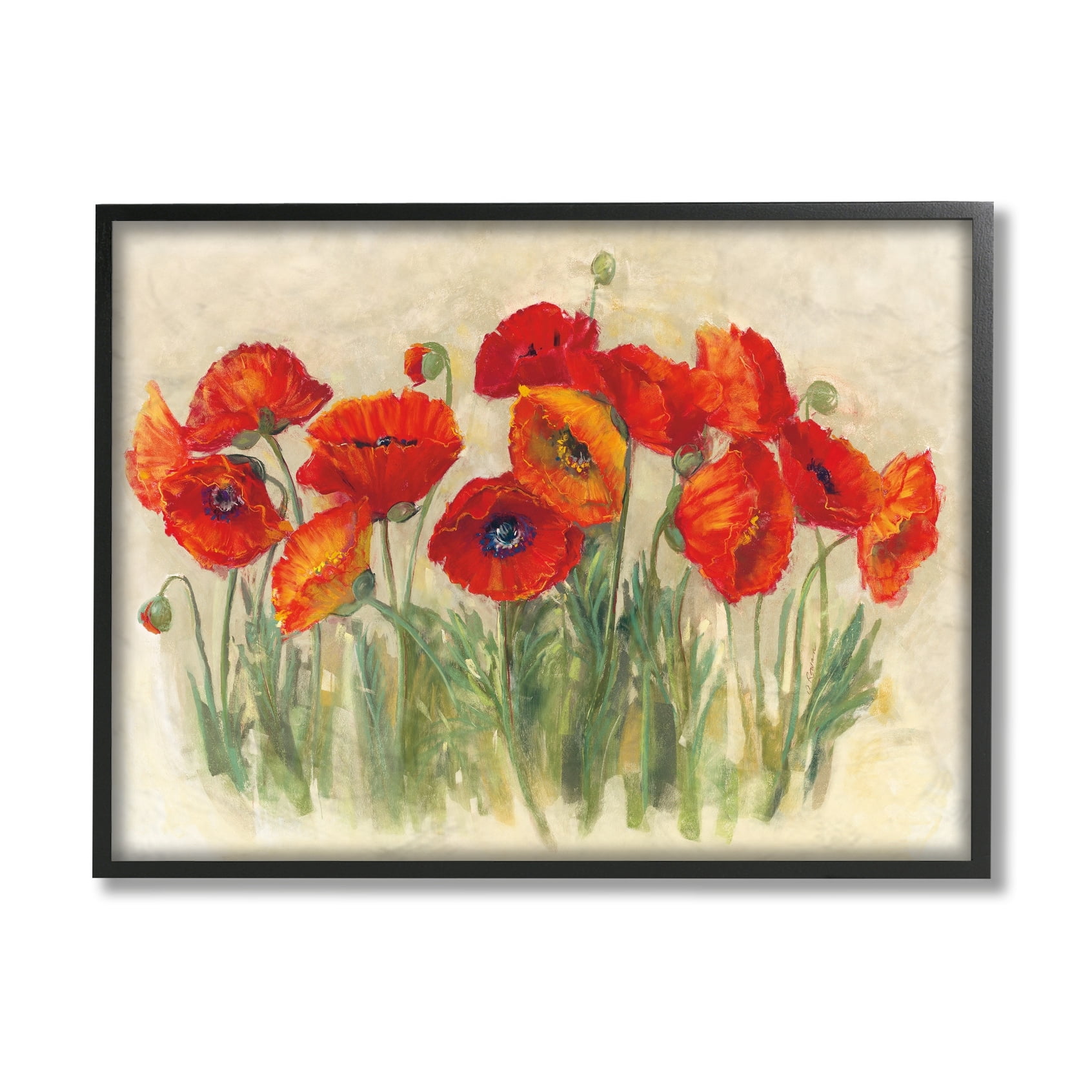 Stupell Industries Red Poppy Florals Soft Green Meadow Grass Black Framed, 24 x 30, Design by Carol Rowan