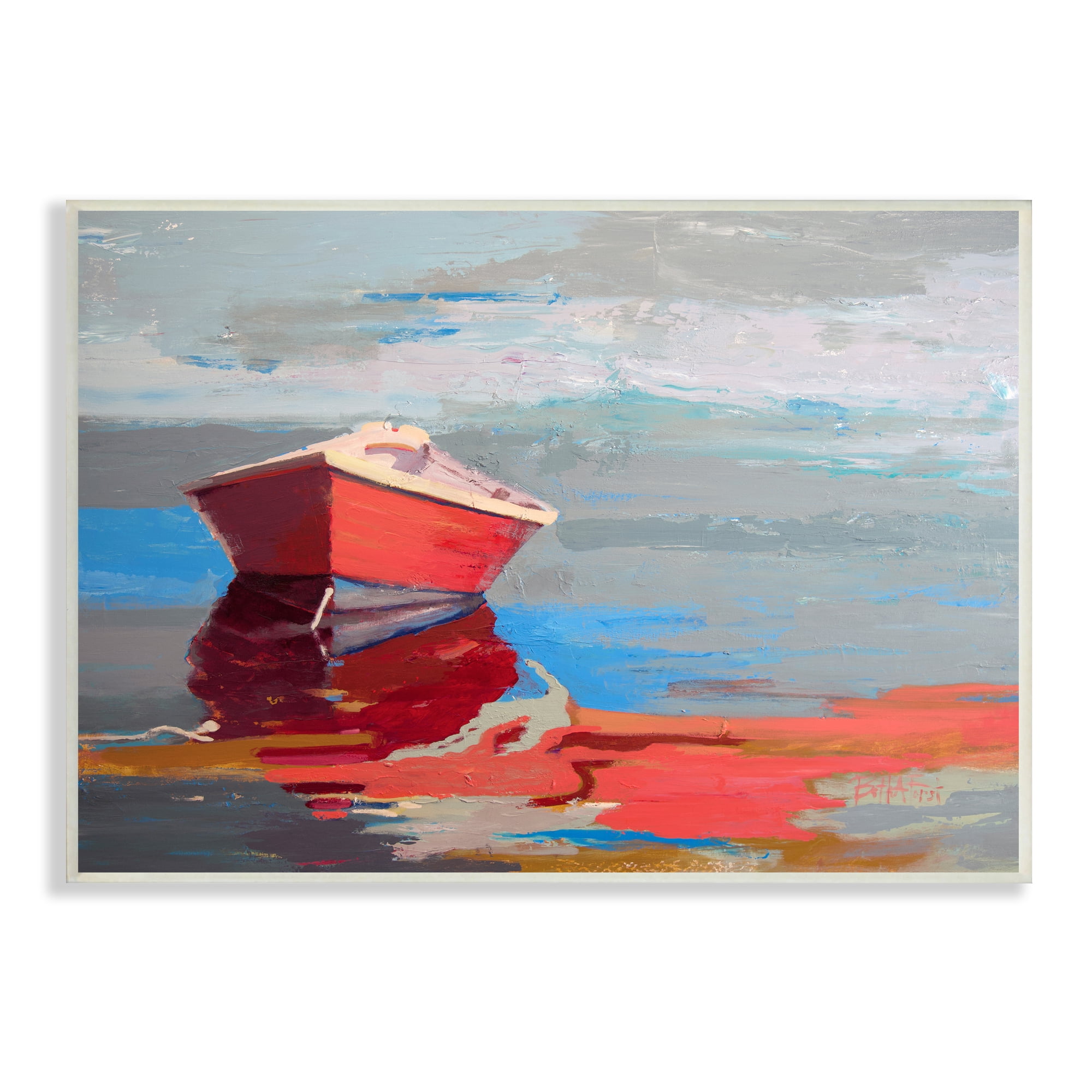Stupell Industries Red Row Boat Reflection on Lake Water Abstract Abstract Painting Unframed Art Print Wall Art, 13 x 19
