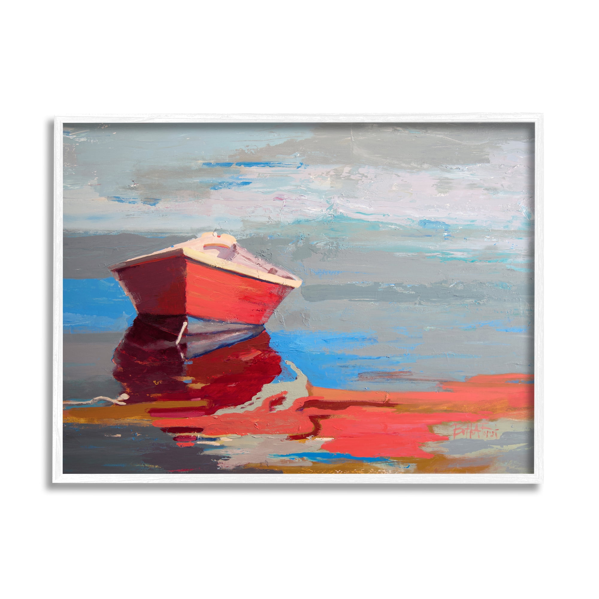 Stupell Industries Red Row Boat Reflection on Lake Water Abstract Abstract Painting White Framed Art Print Wall Art, 24 x 30