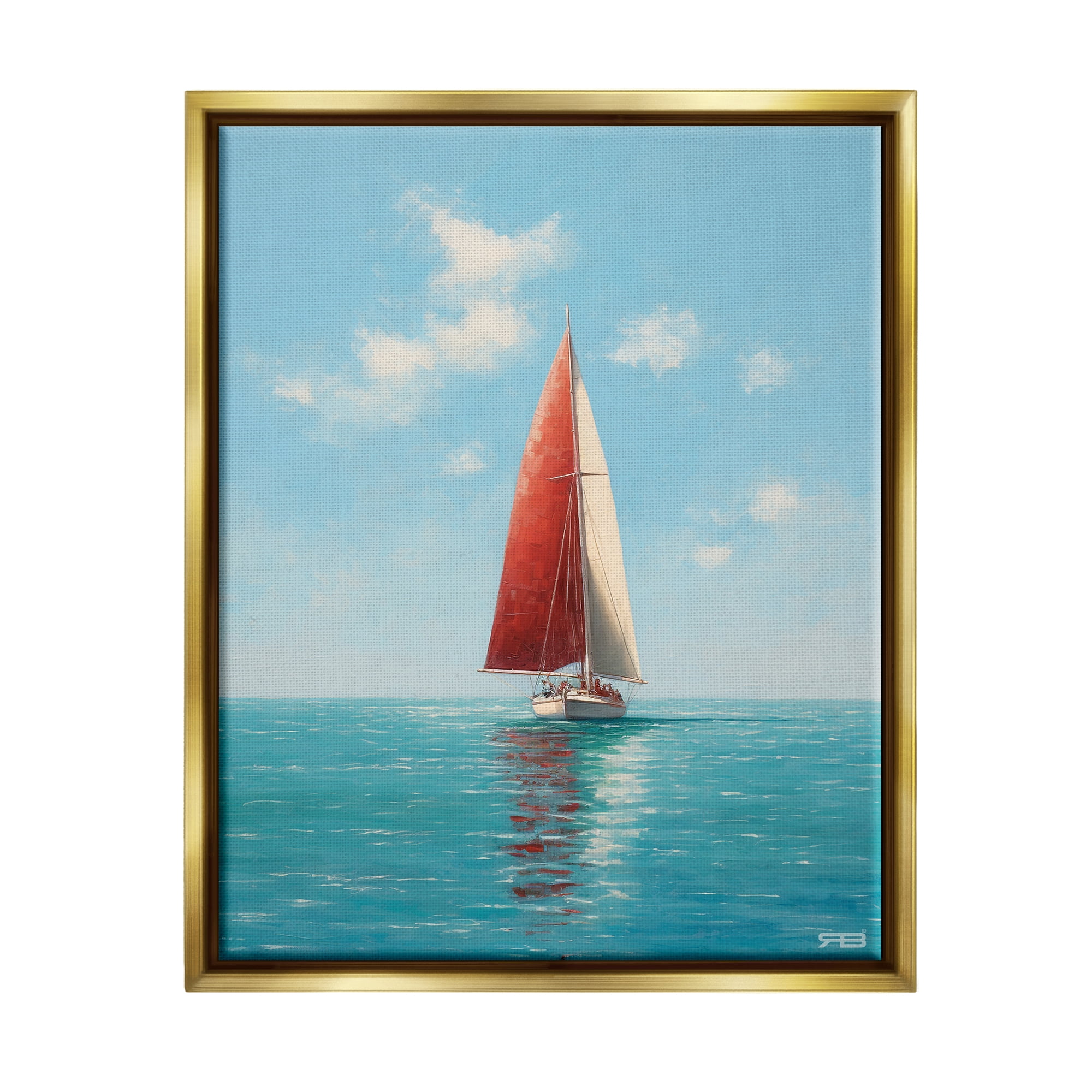 Stupell Industries Red Sailboat on Sea Transportation Painting Gold Floater Framed Canvas Art Print Wall Art, 25 x 31