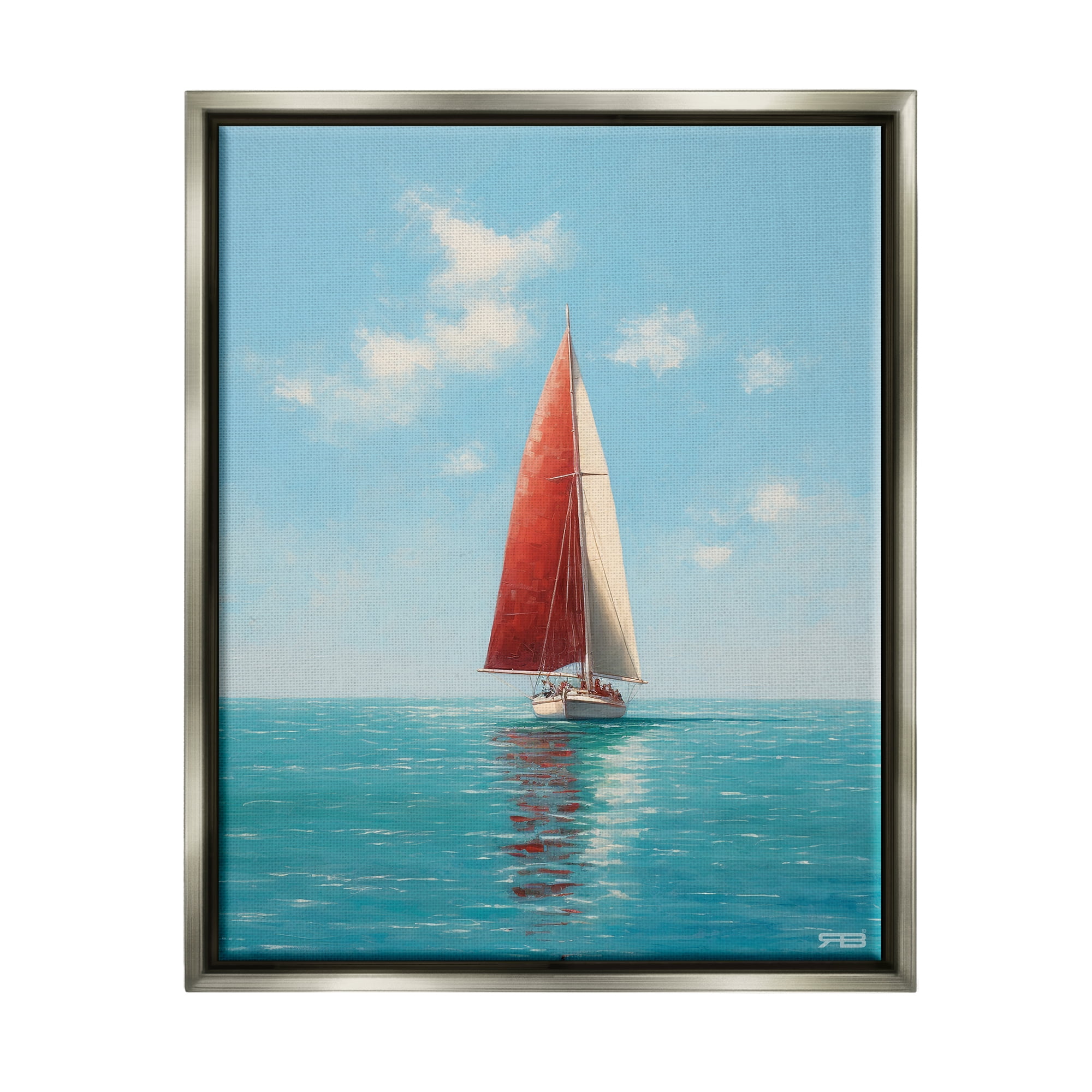 Stupell Industries Red Sailboat on Sea Transportation Painting Gray Floater Framed Canvas Art Print Wall Art, 17 x 21