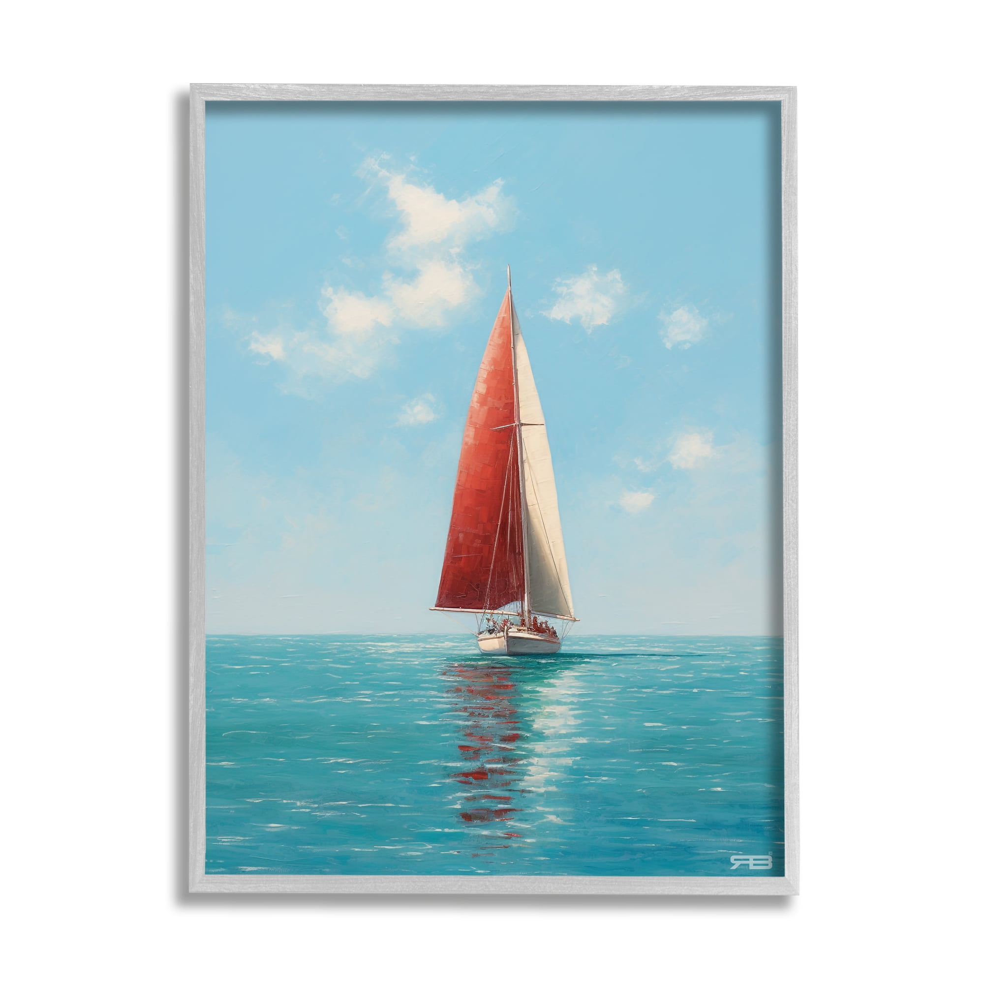 Stupell Industries Red Sailboat on Sea Transportation Painting Gray Framed Art Print Wall Art, 16 x 20