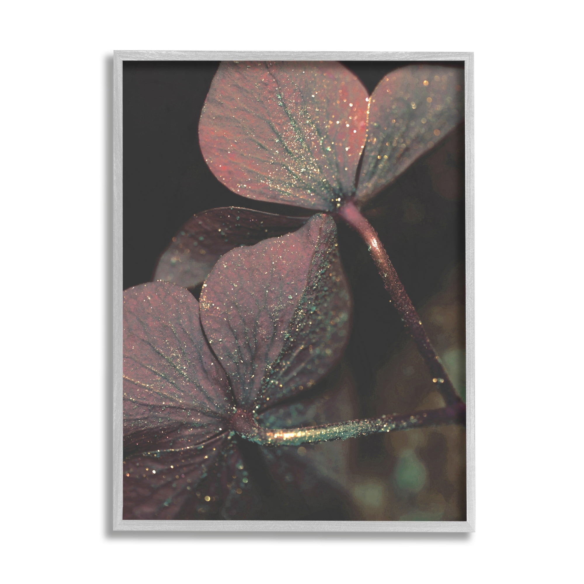 Stupell Industries Red Sparkle Petals Warm Tone Clover Detail Gray Framed by Daphne Polselli