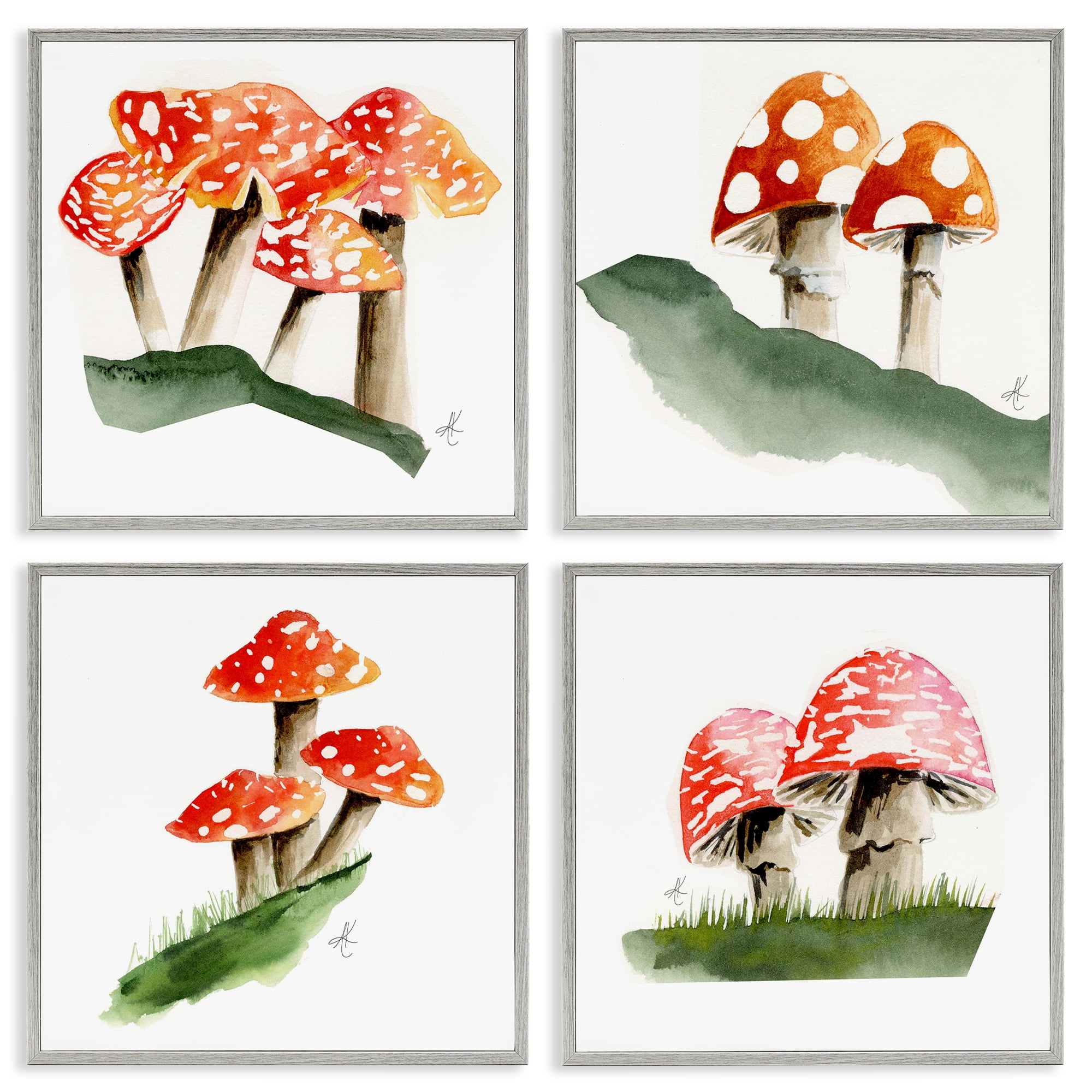 Stupell Industries Red Spotted Mushrooms Plants & Flowers Painting Gray Framed Art Print Wall Art, 12 x 12, Set of 4