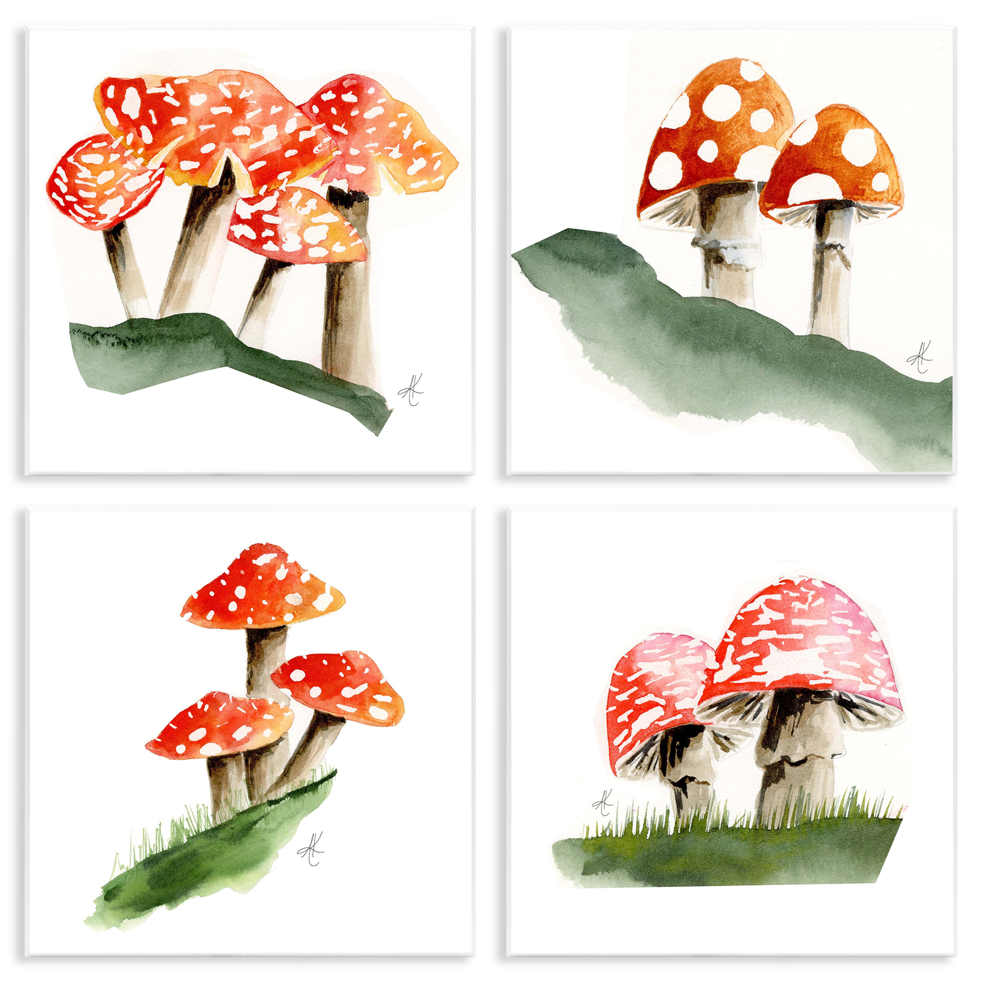 Stupell Industries Red Spotted Mushrooms Plants & Flowers Painting Unframed Art Print Wall Art, 12 x 12, Set of 4