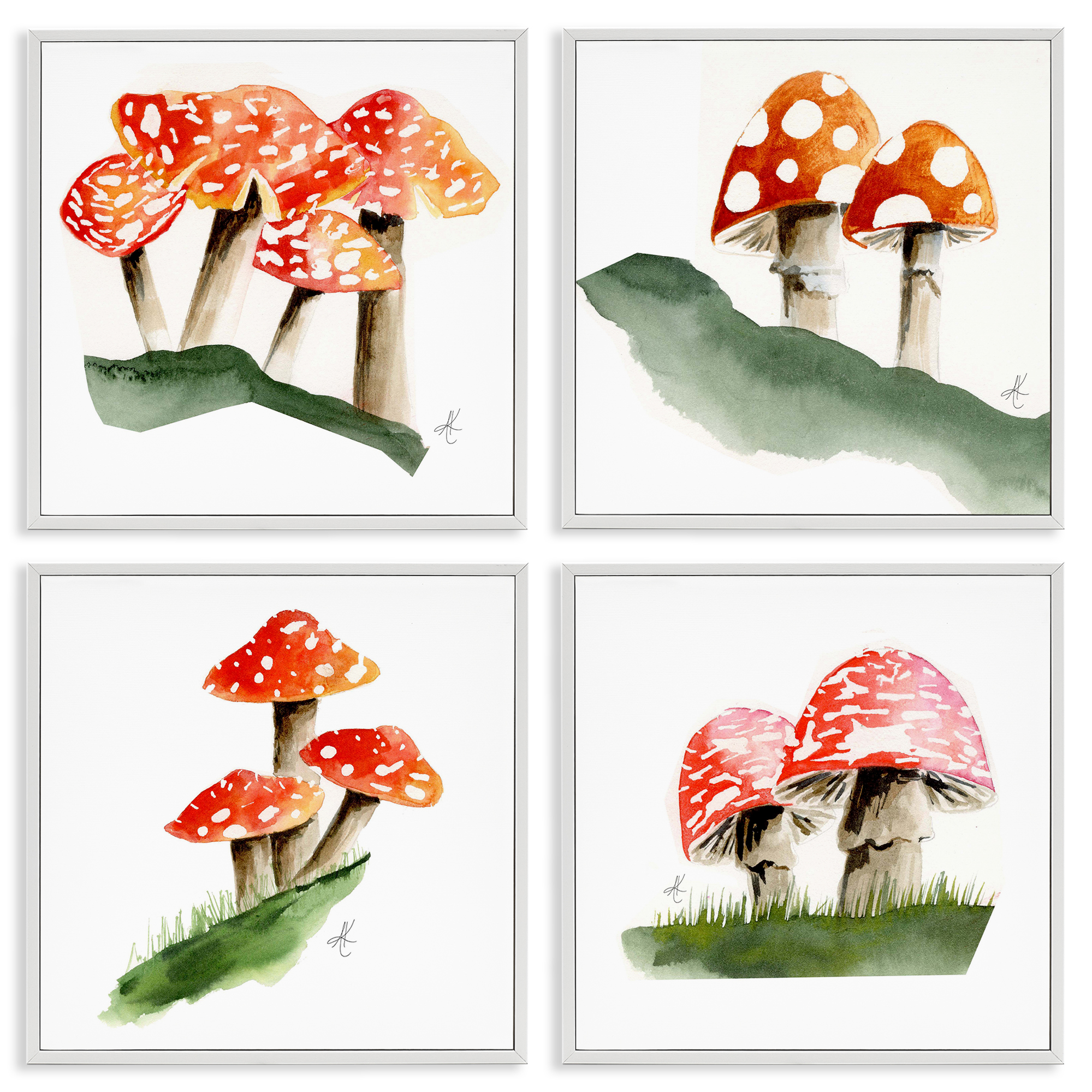 Stupell Industries Red Spotted Mushrooms Plants & Flowers Painting White Framed Art Print Wall Art, 17 x 17, Set of 4
