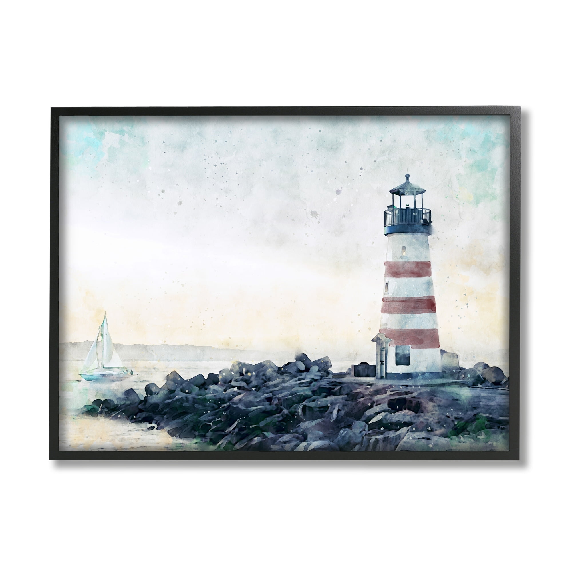Stupell Industries Red Stripe Lighthouse Rocky Beach Coast Sailboat Waters, 14 x 11,Design by Ziwei Li