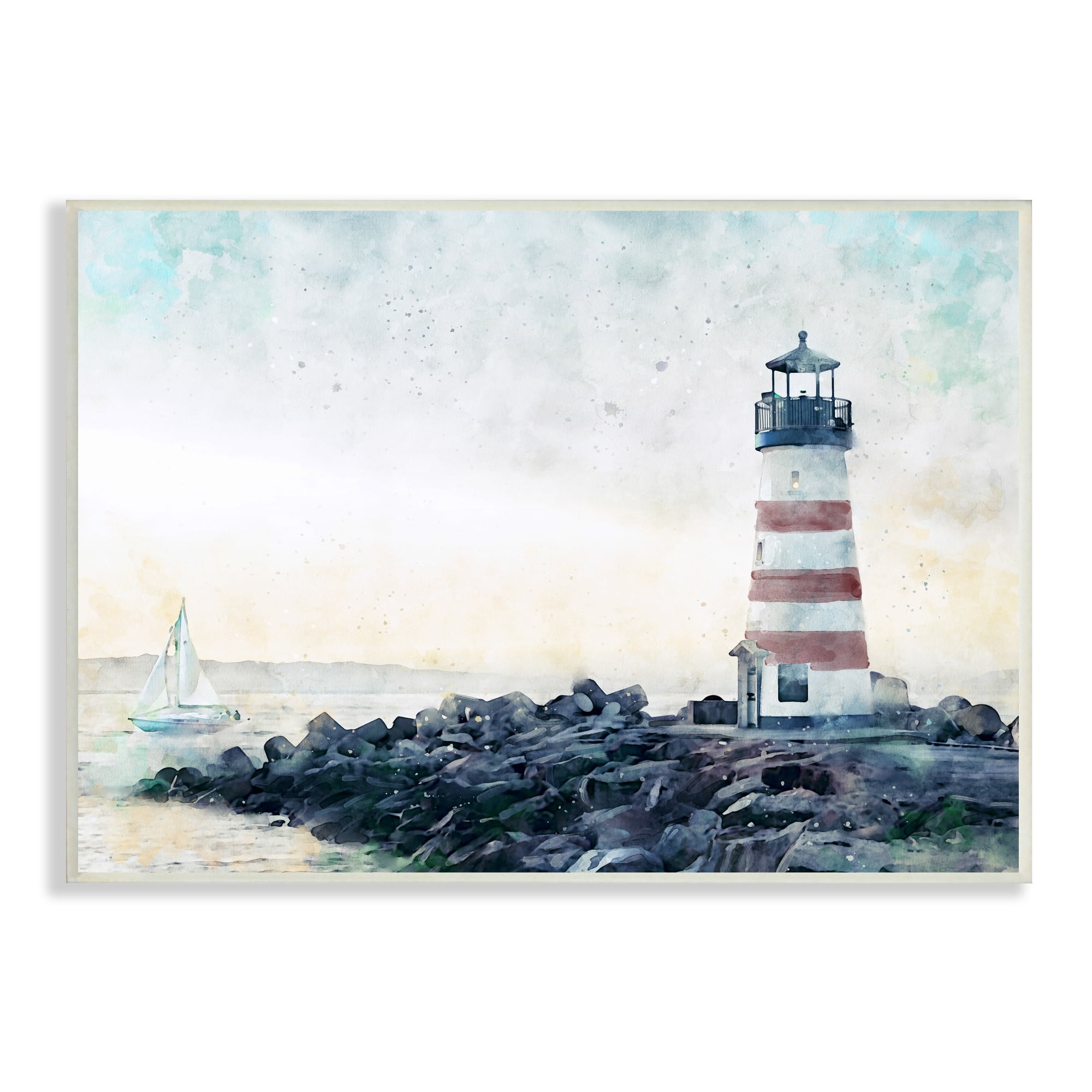 Stupell Industries Red Stripe Lighthouse Rocky Beach Coast Sailboat Waters, 15 x 10,Design by Ziwei Li