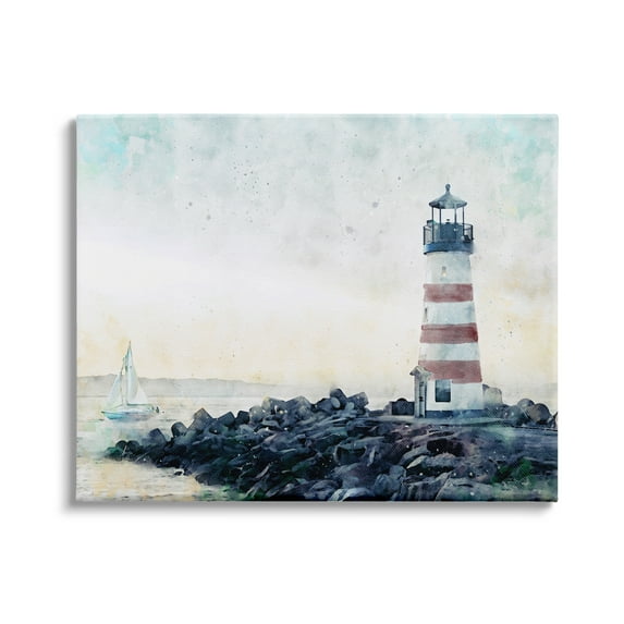 Stupell Industries Red Stripe Lighthouse Rocky Beach Coast Sailboat Waters, 30 x 24,Design by Ziwei Li