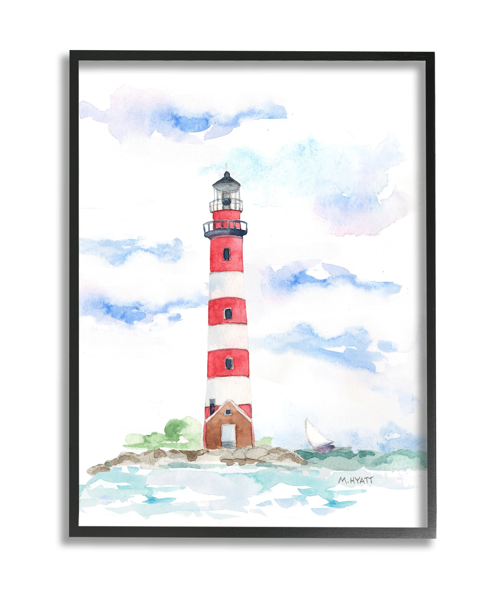 Stupell Industries Red Stripe Lighthouse Soft Coastal Landscape Black Framed, 16 x 20, Design by Melissa Hyatt LLC