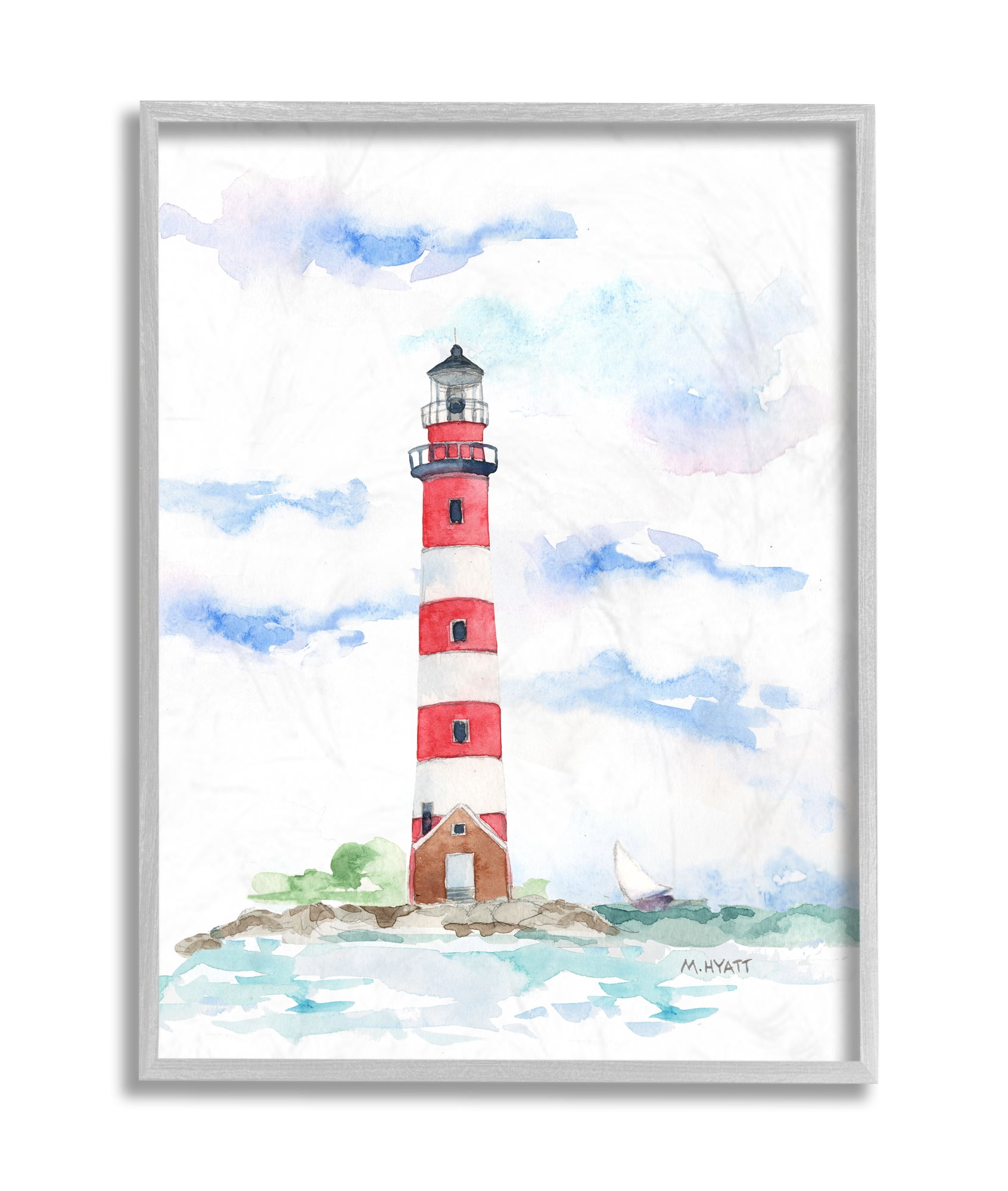 Stupell Industries Red Stripe Lighthouse Soft Coastal Landscape Grey Framed, 16 x 20, Design by Melissa Hyatt LLC
