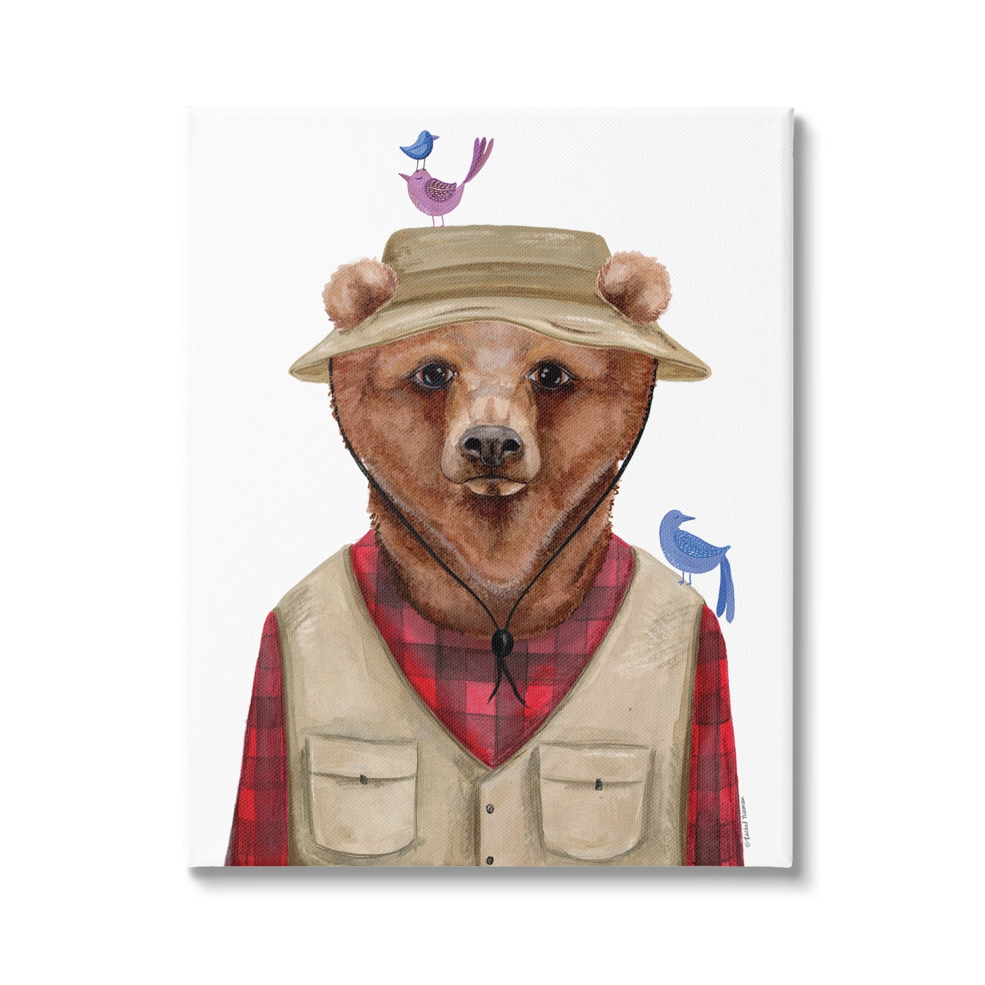 Stupell Industries Red Tartan Bear Camping Gear Small Birds Canvas Wall Art, 16 x 20, Design by Rachel Nieman
