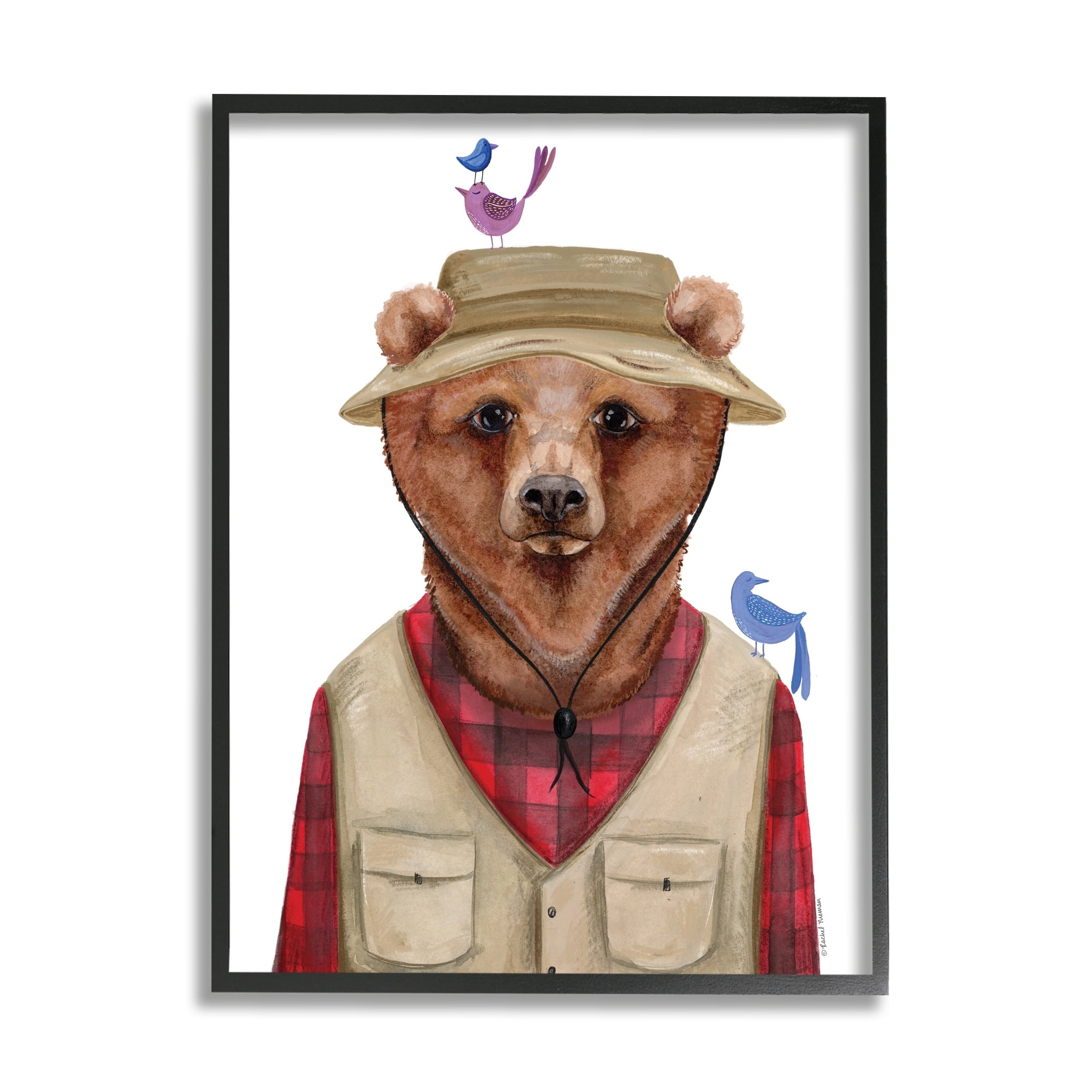 Stupell Industries Red Tartan Bear Camping Gear Small Birds Framed Wall Art, 11 x 14, Design by Rachel Nieman