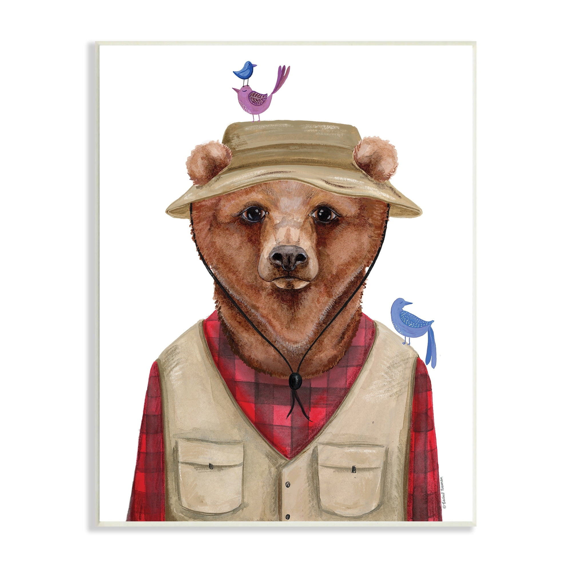 Stupell Industries Red Tartan Bear Camping Gear Small Birds Wood Wall Art, 13 x 19, Design by Rachel Nieman